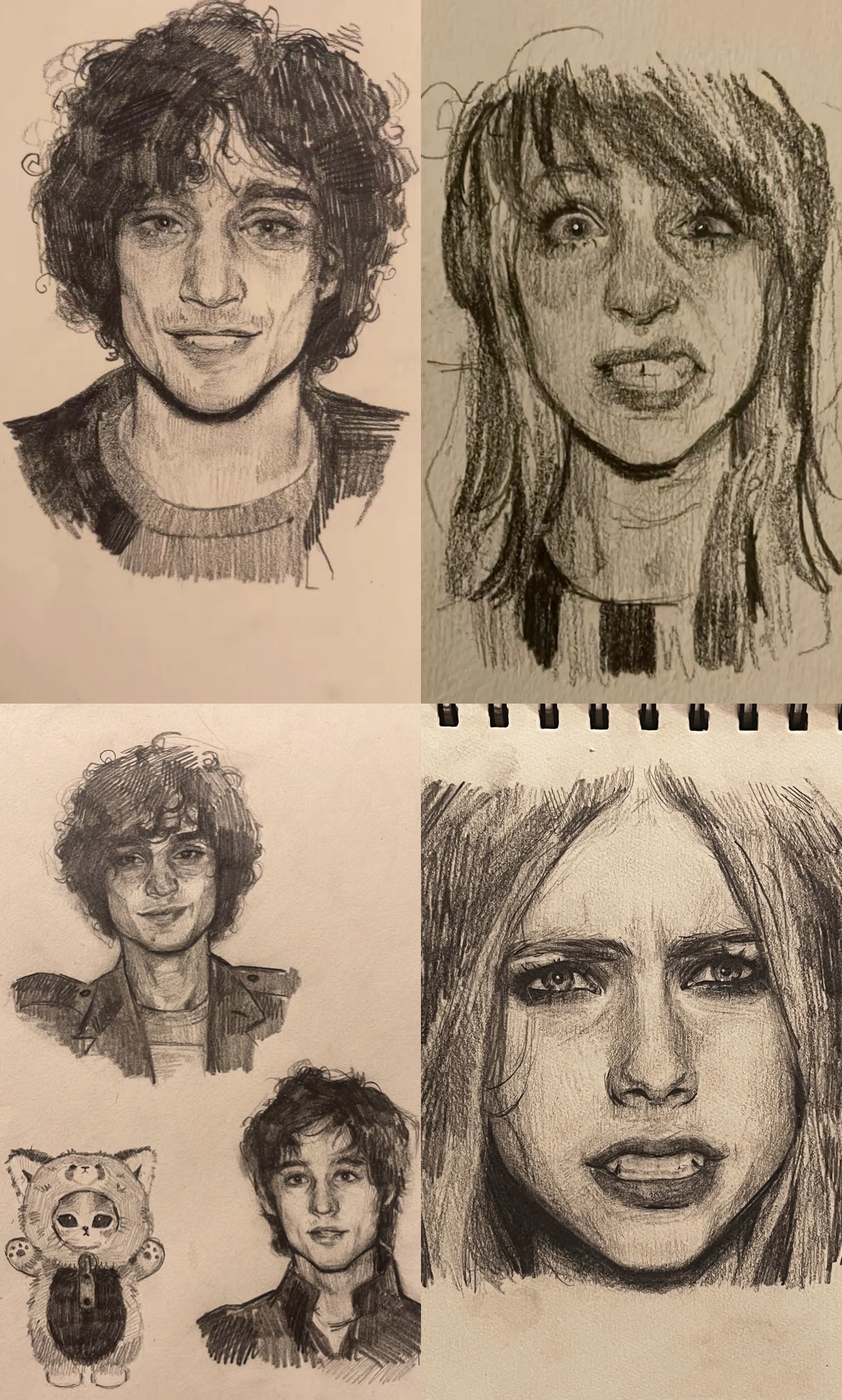 alt music by husna, pencil sketches in a grid format with youthful portraits
