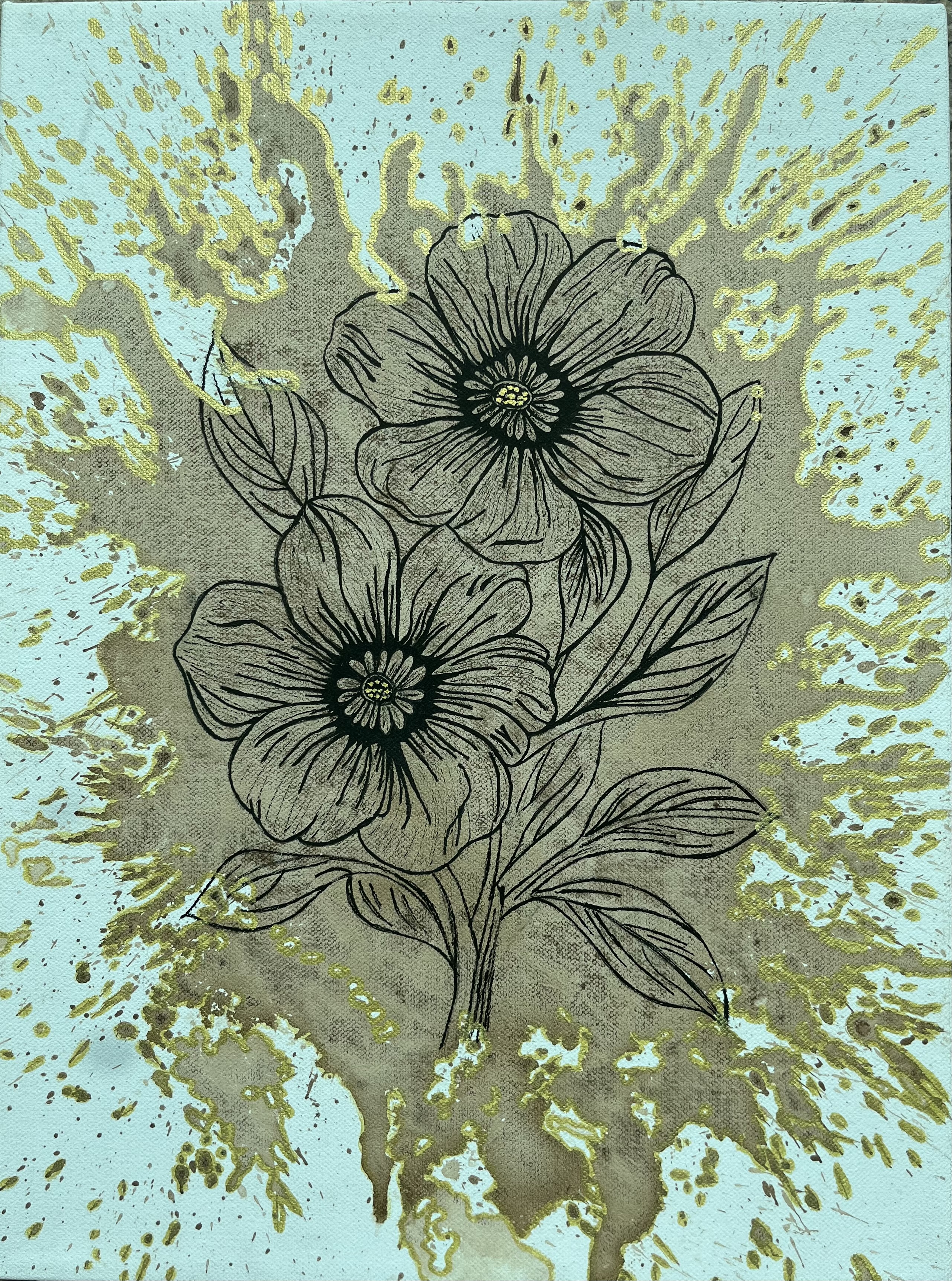 Blossoms Caught by Ninzi Hamid, delicate black flowers with pale blue background