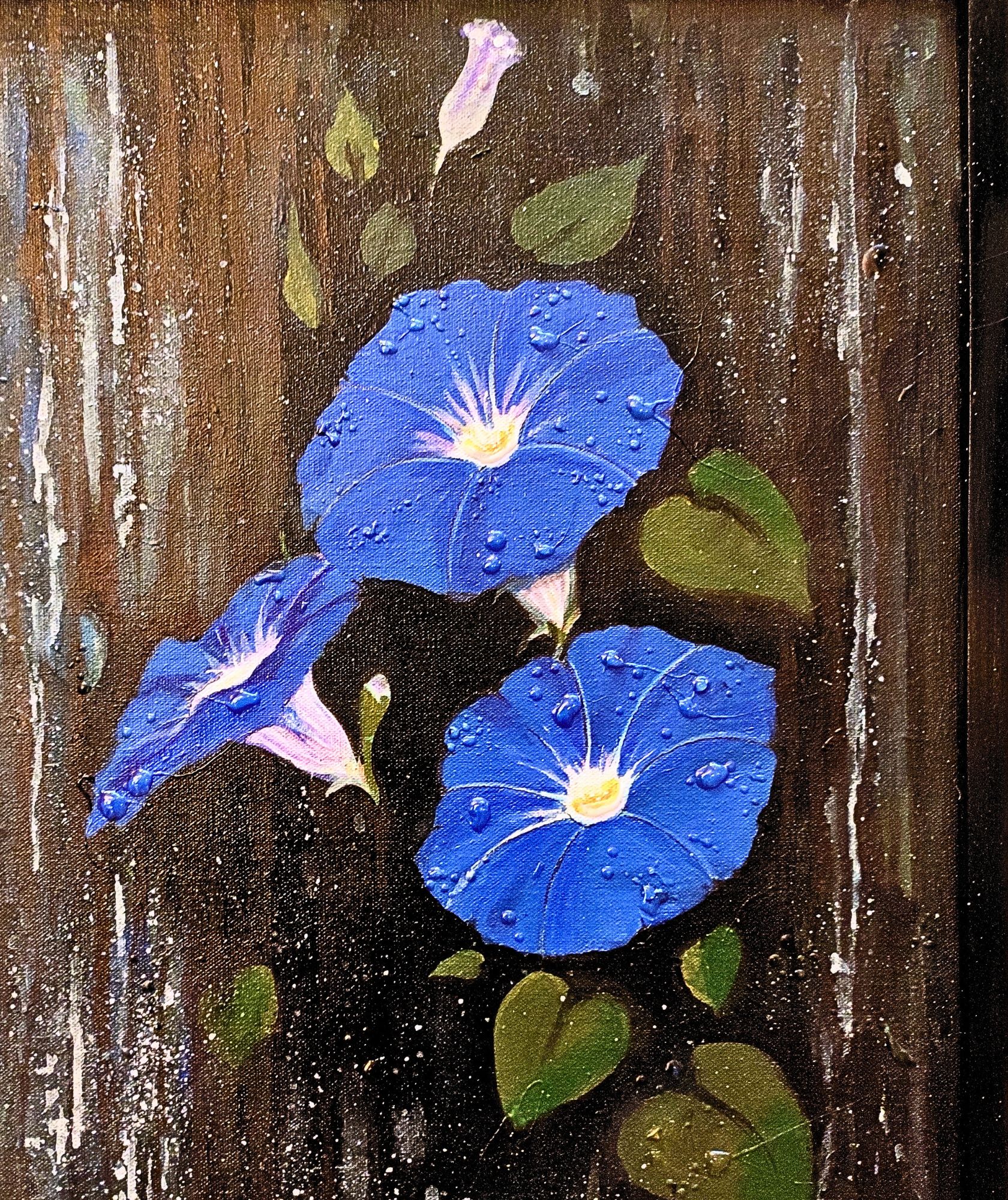 Rainbound Bloom by MUKTA CHOWDHURY NANDI, vibrant blue blossoms with rain droplets