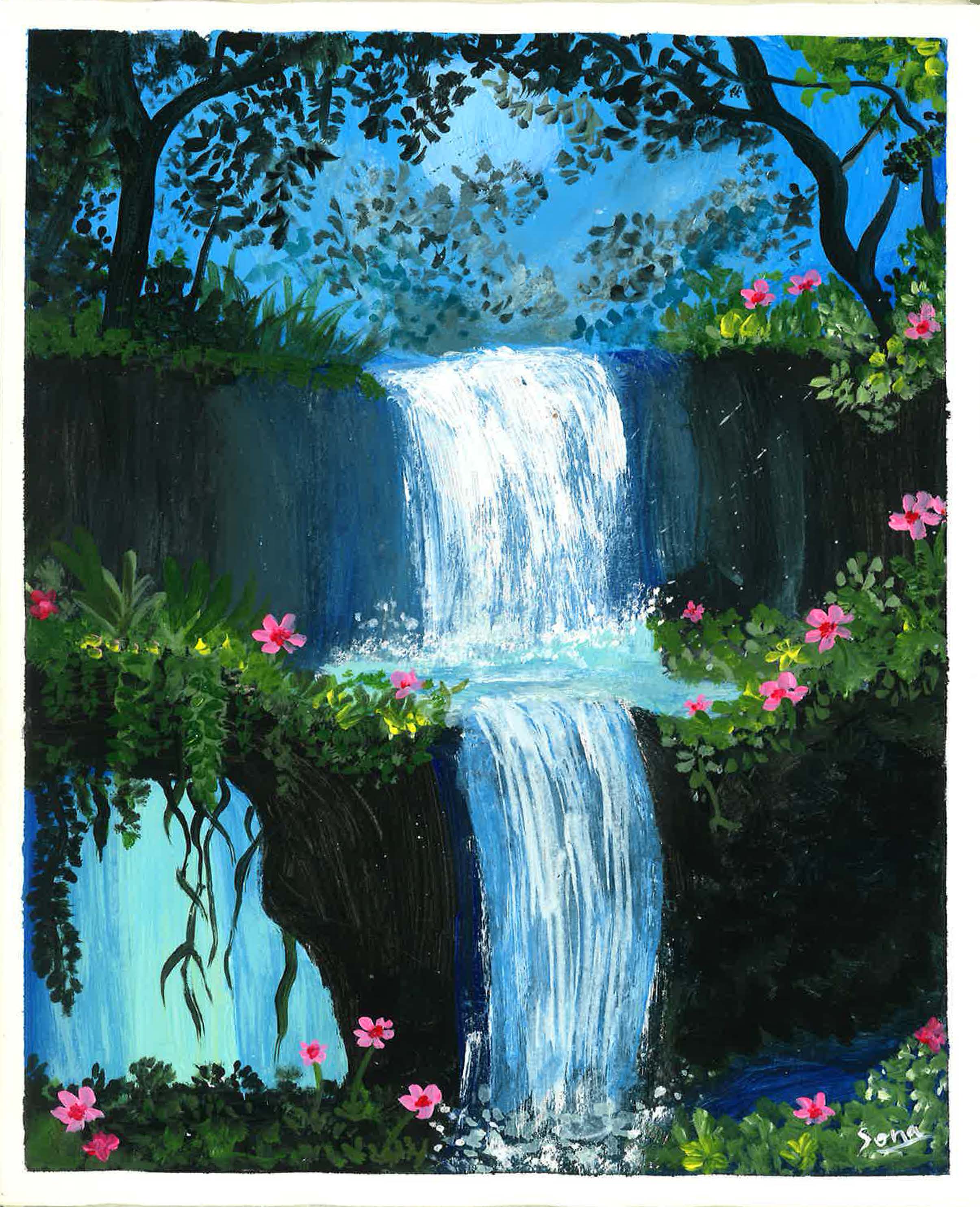 "The Hidden Cascade" by Sona Nepoly, serene waterfall and lush landscape