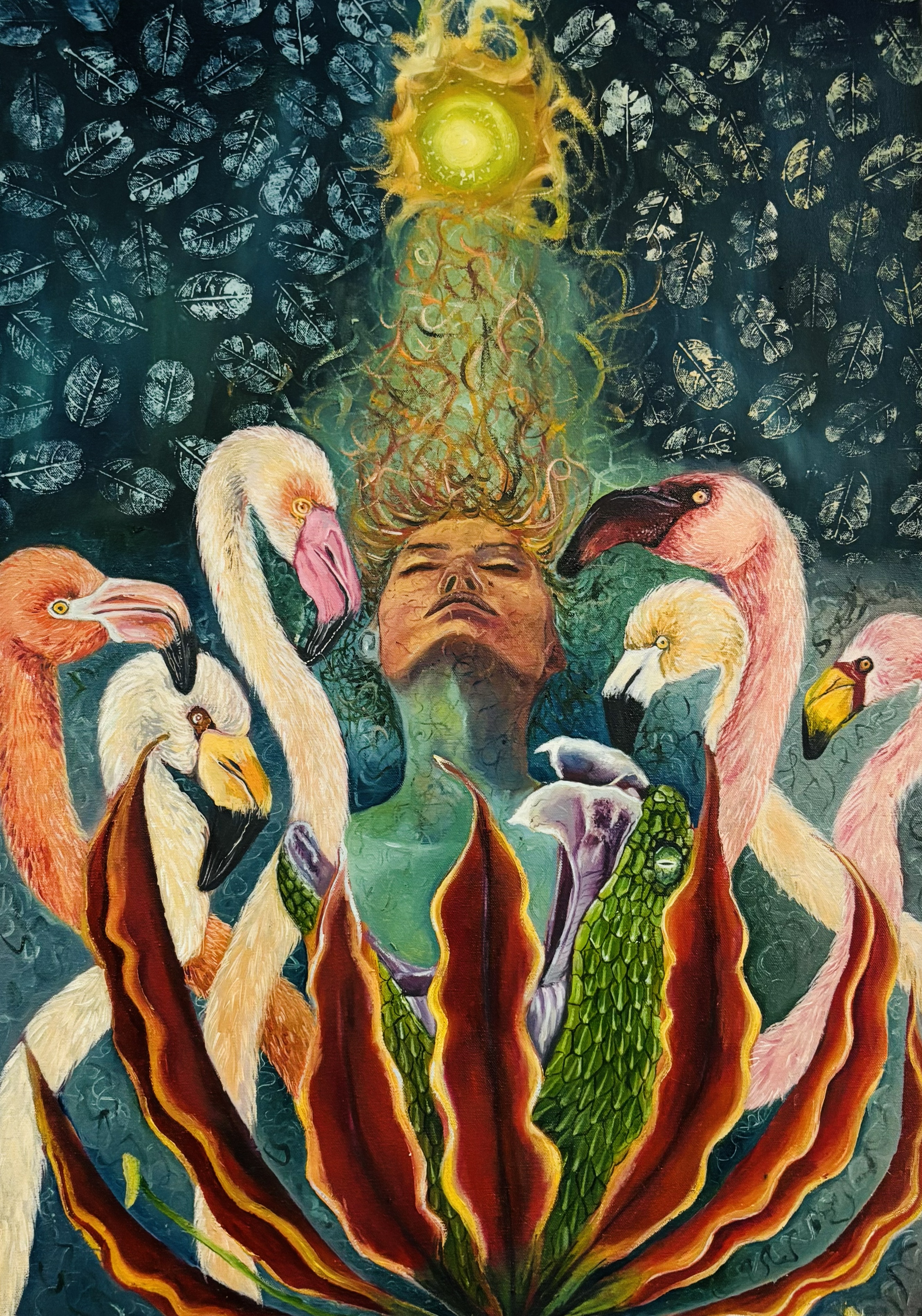Beyond the Wings by Ravichandran Dilochchini, featuring a serene woman and colorful flamingos