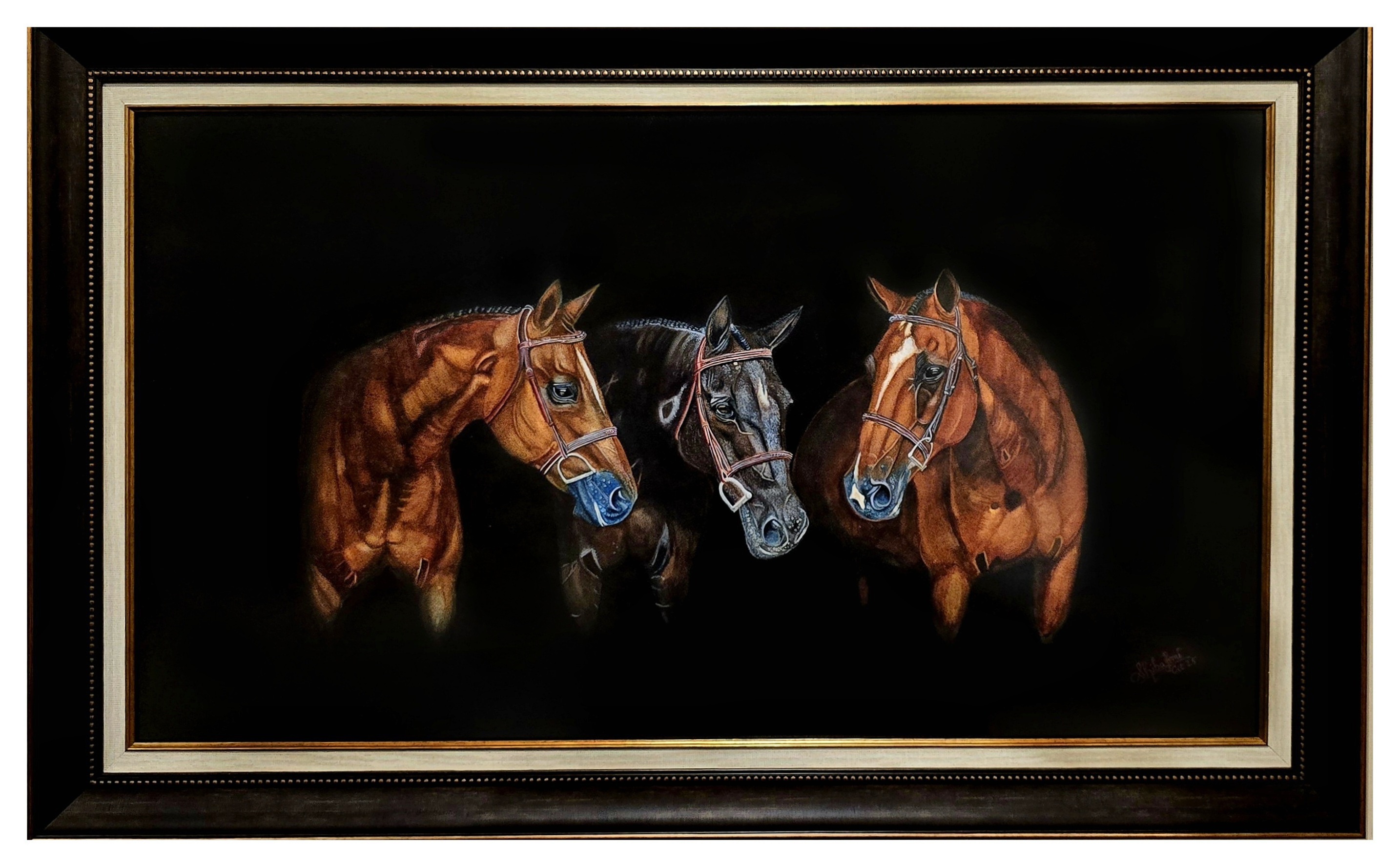 Equine Camaraderie by SHIBA VARGHESE, lifelike watercolor of three horses