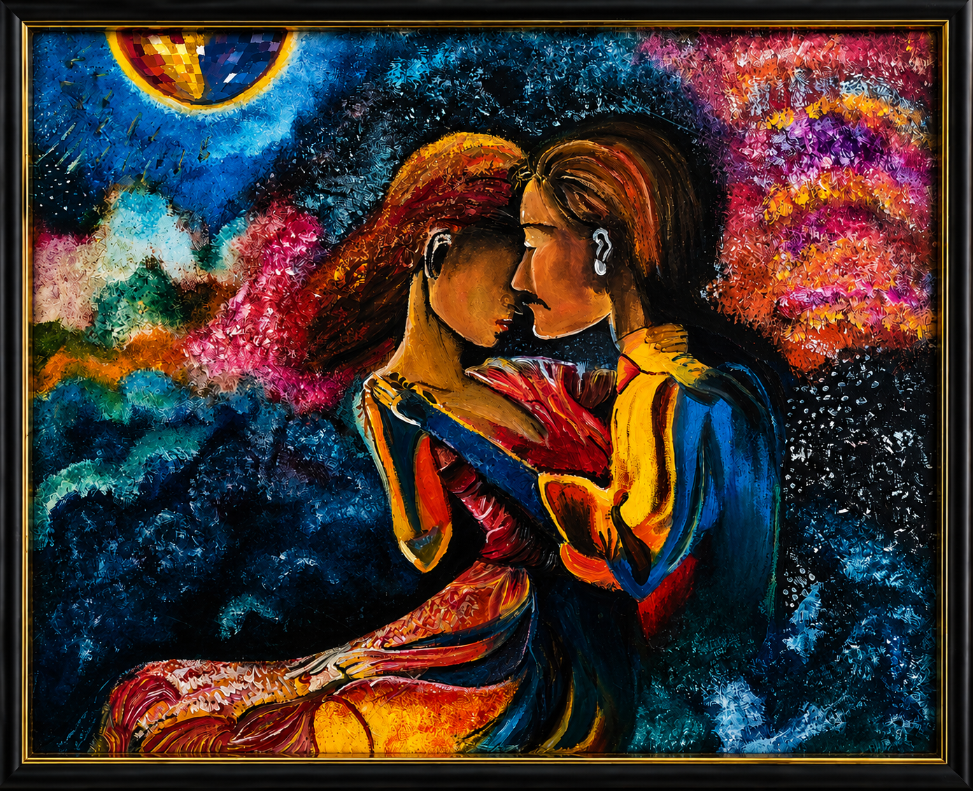 Couple embracing under the moon by Nisha Dhing, vibrant colors and night sky
