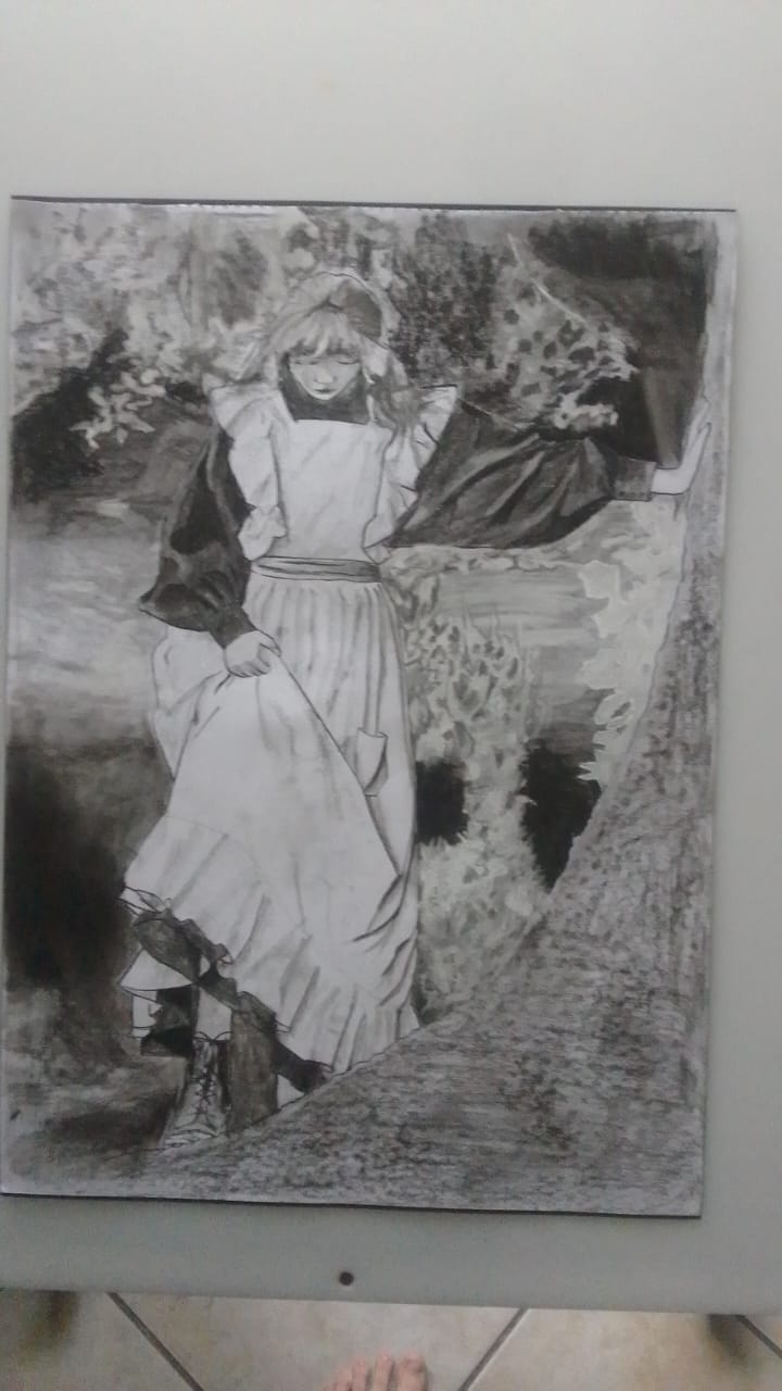Farm girl by Ashley Danya Lotriet, depicting a young girl in farm attire with natural foliage