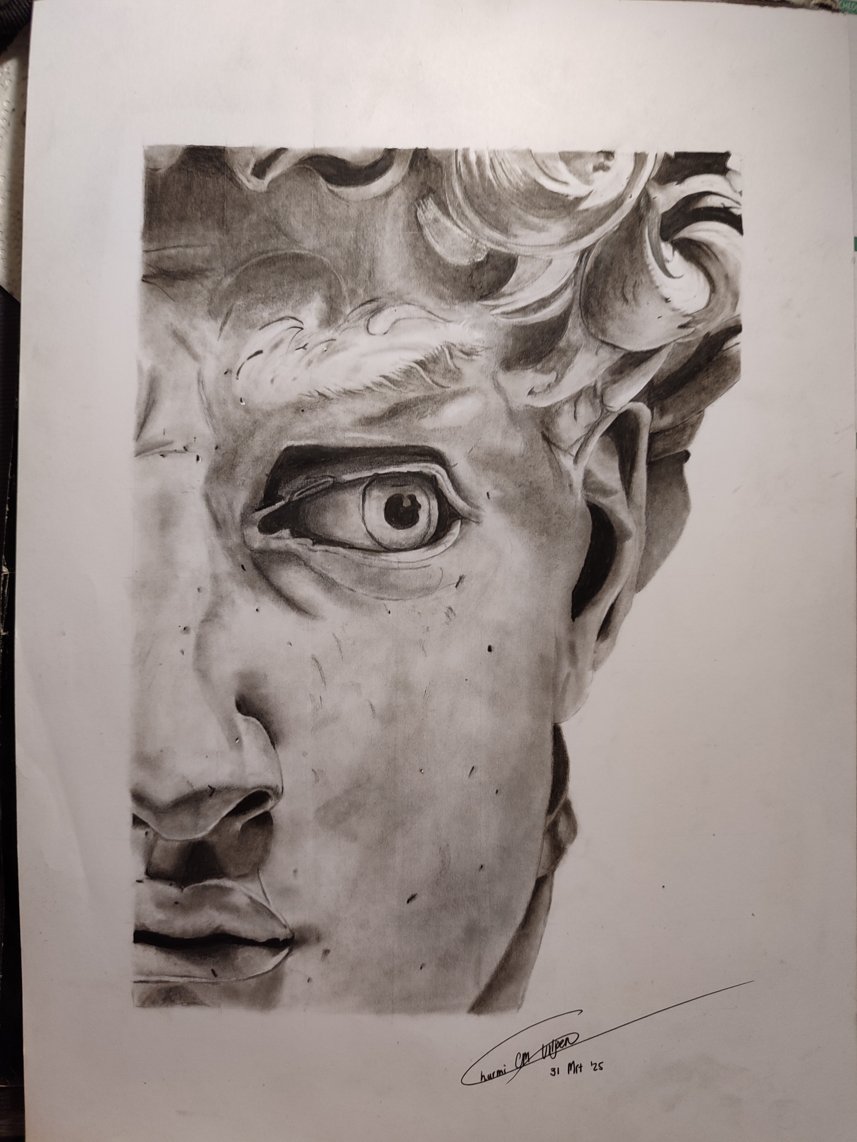 The Statue Of David by Christina van der Westhuizen, detailed graphite or charcoal drawing of Michelangelo's statue
