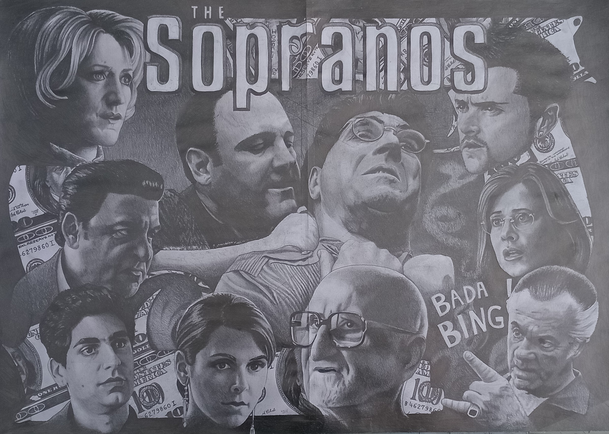 Custom artwork by Steven featuring monochrome collage portraits