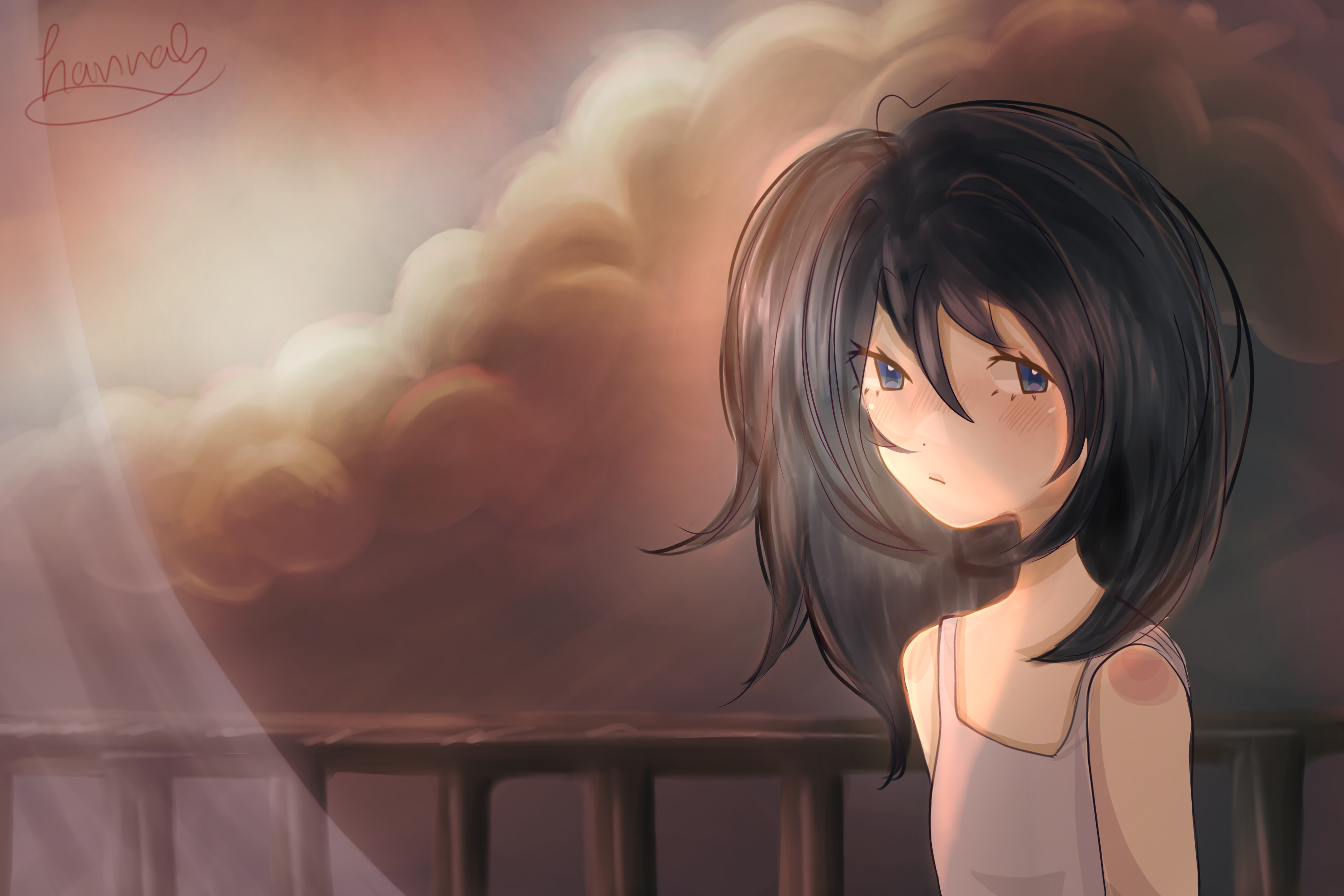 Midday lookes by Hannah, young figure with dark hair and dramatic cloud backdrop