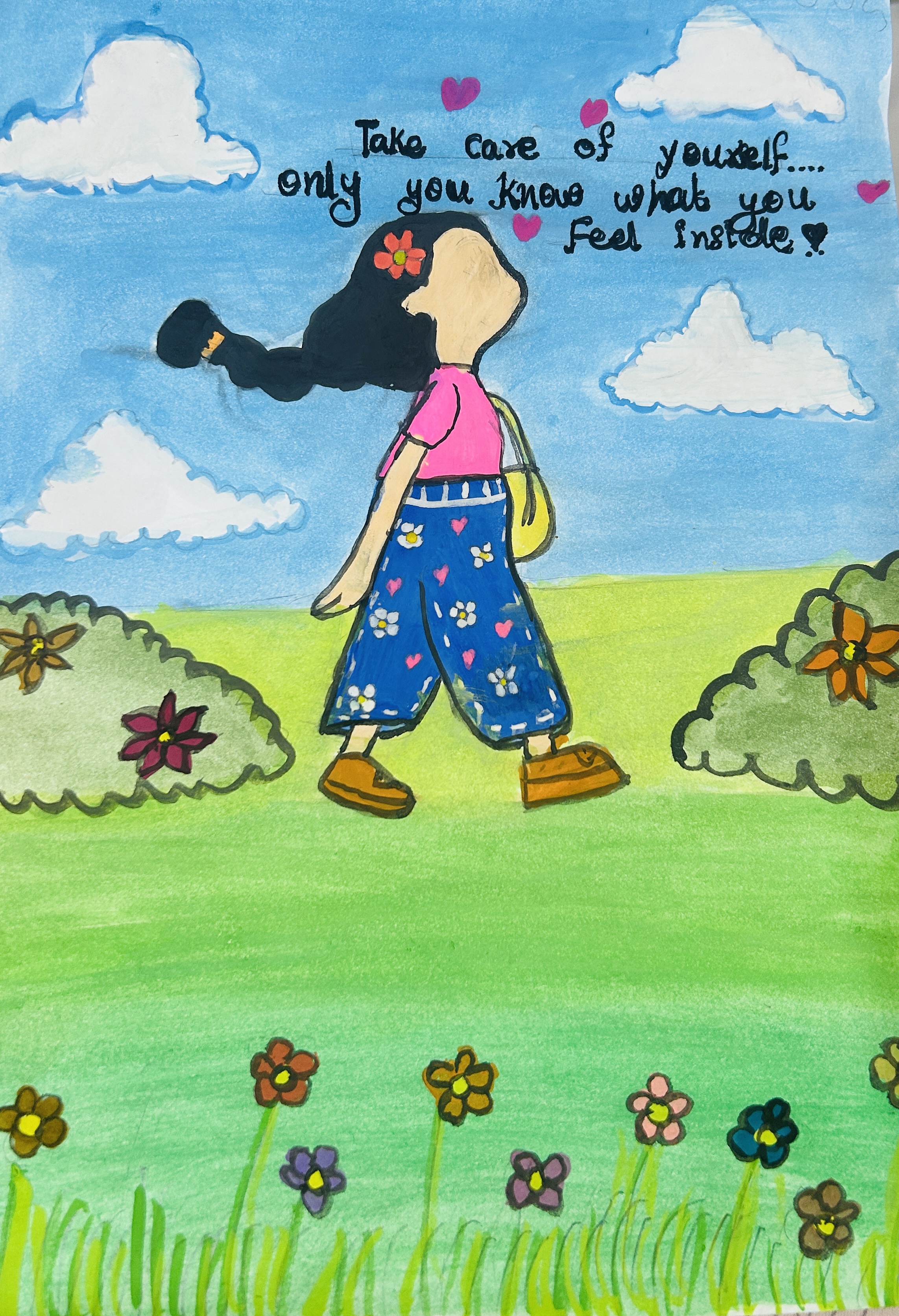 Take Care Of Yourself(watercolour) by Aarav G Palasseri, vibrant scene of young girl walking through grassy landscape