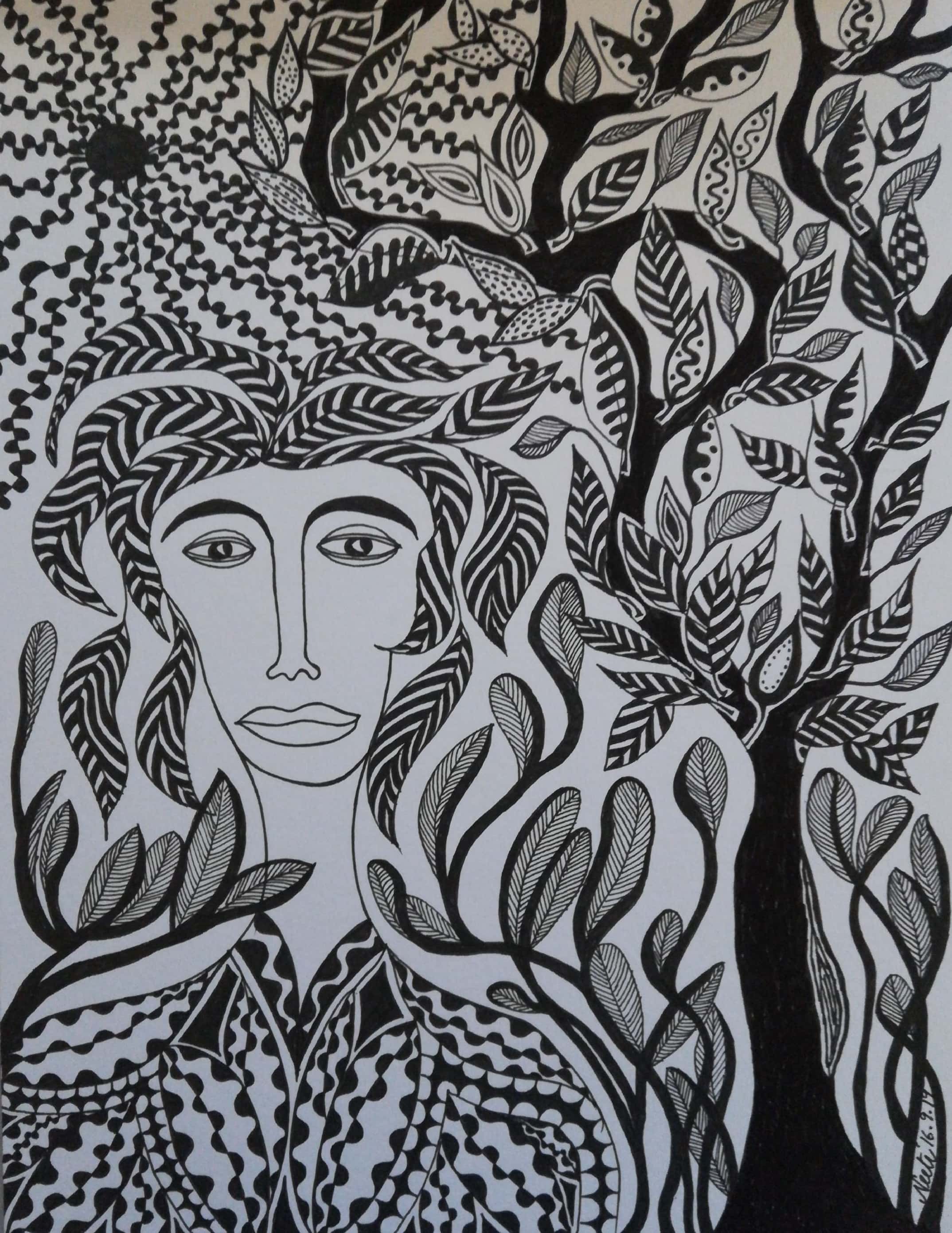 Untitled by Neeti khanna, central figure with foliage and tree branches