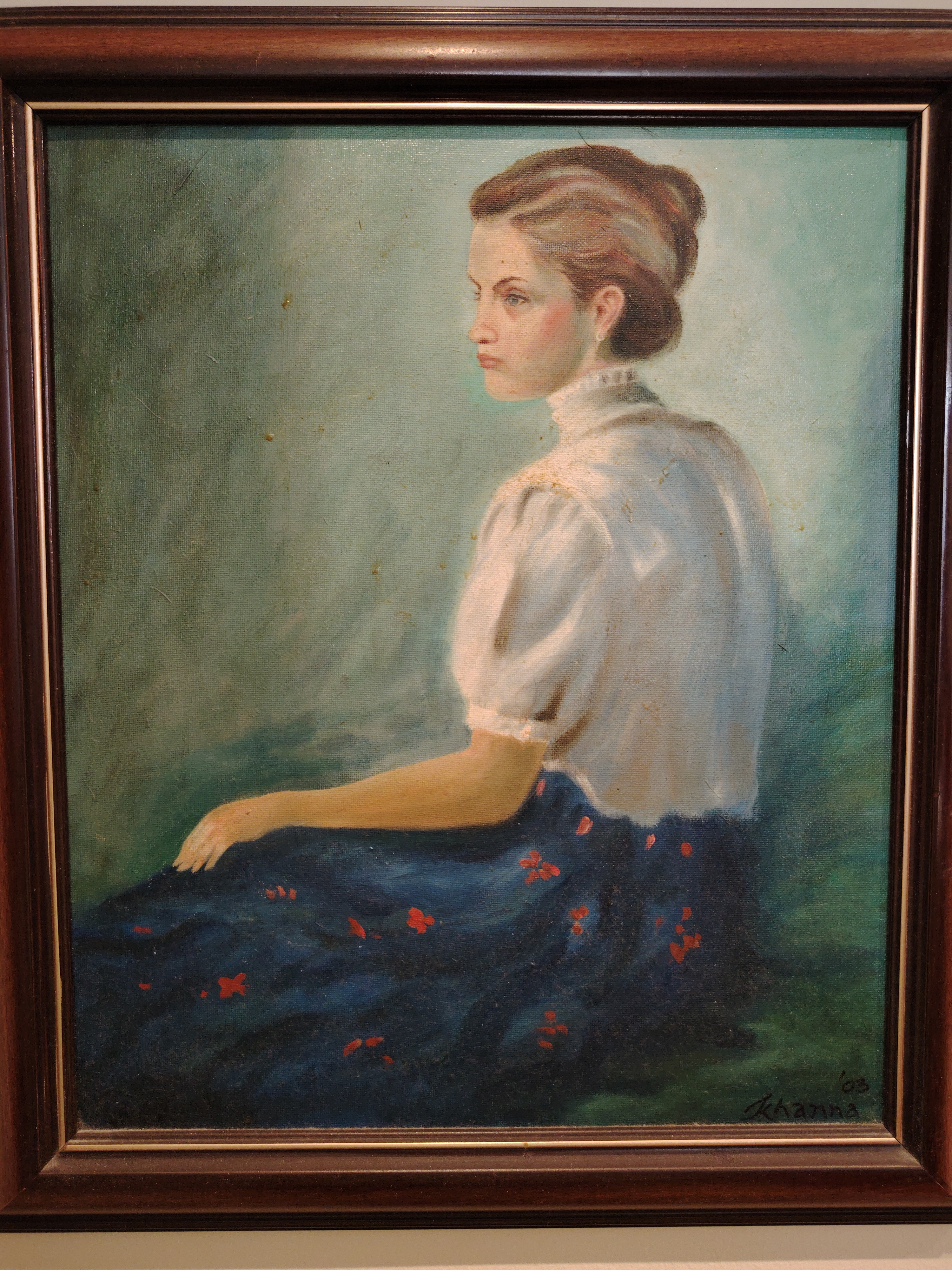 Portrait of a woman by MANOJ BOB KHANNA, oil painting of a woman in white blouse and dark skirt