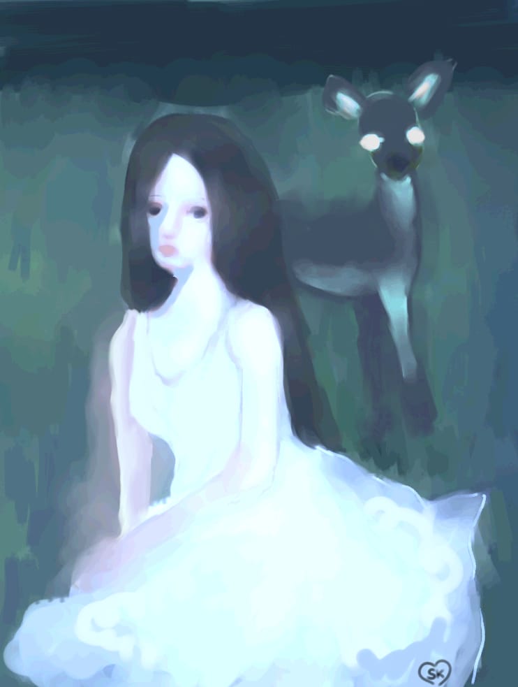 Headlights by Olivia Pena, young woman, deer with glowing eyes