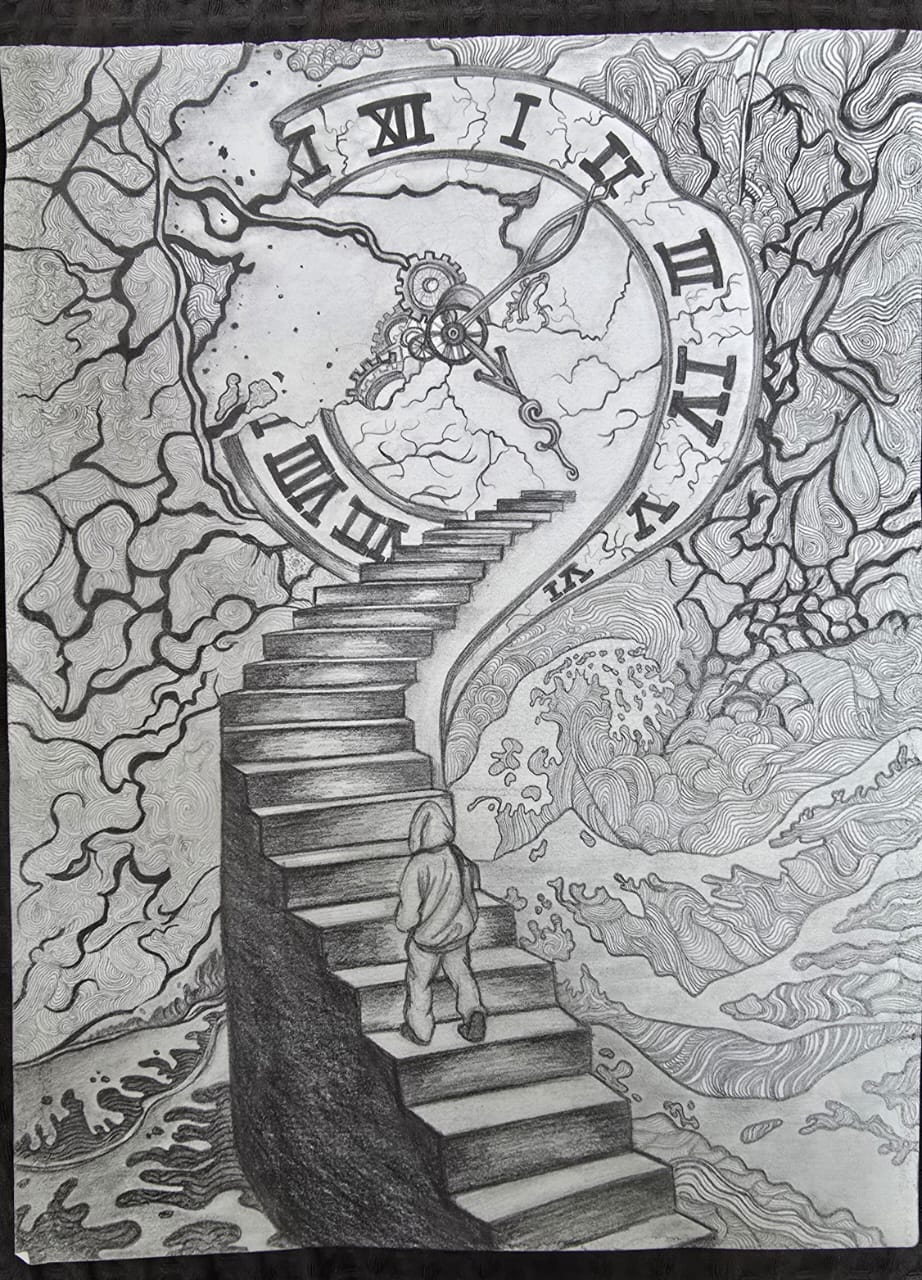 The Passage of Time by Washma Ahmad, depicting a surreal staircase and a broken clock
