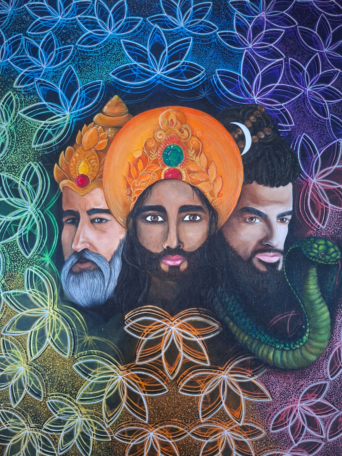 The Holy Trinity by Veejayaluxmee Ramrooch - colorful male faces with lotus patterns