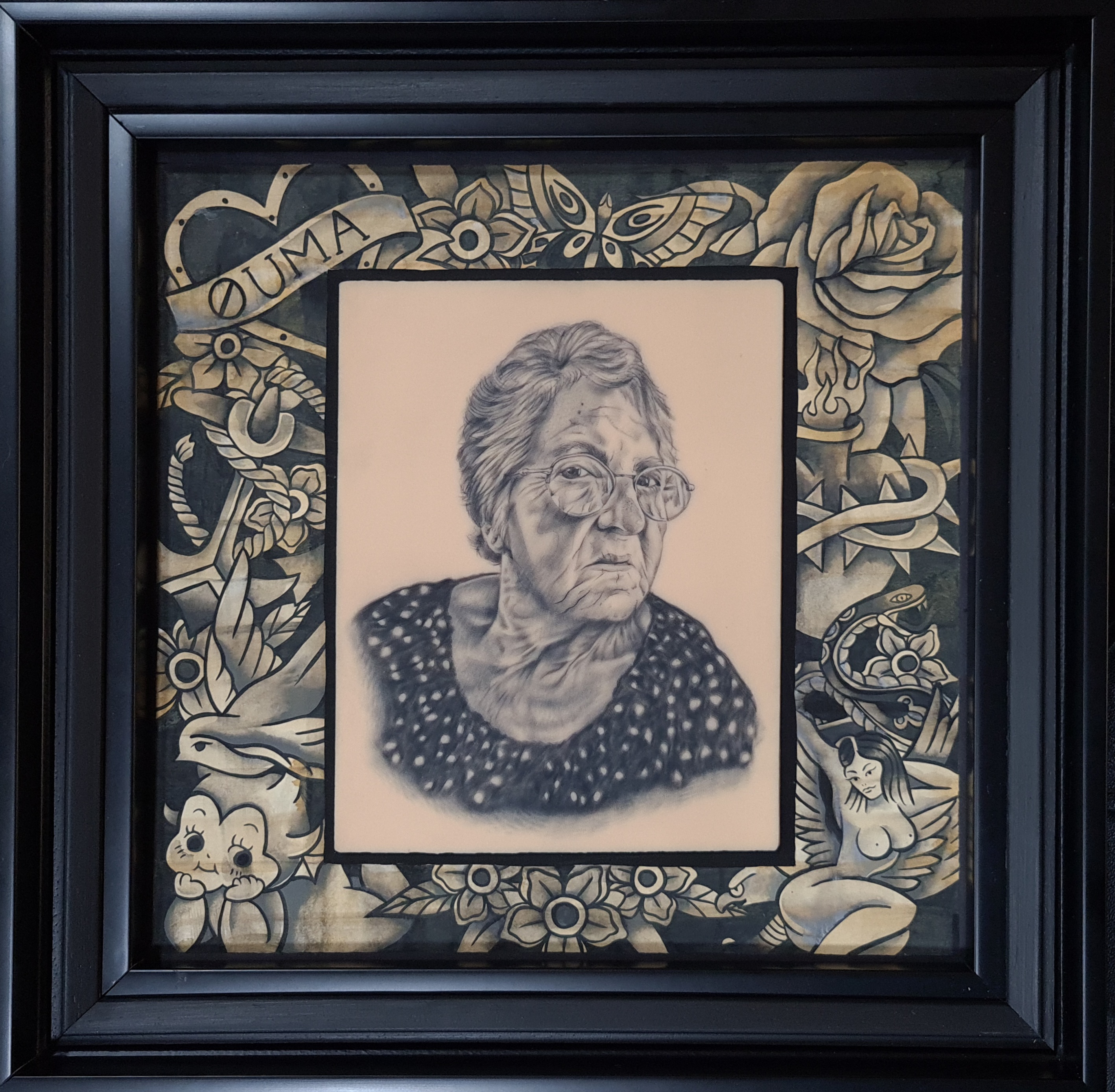 Ouma judge jou tattoos by Tiffany Baxter, detailed grayscale portrait of elderly woman, glasses, polka-dotted blouse