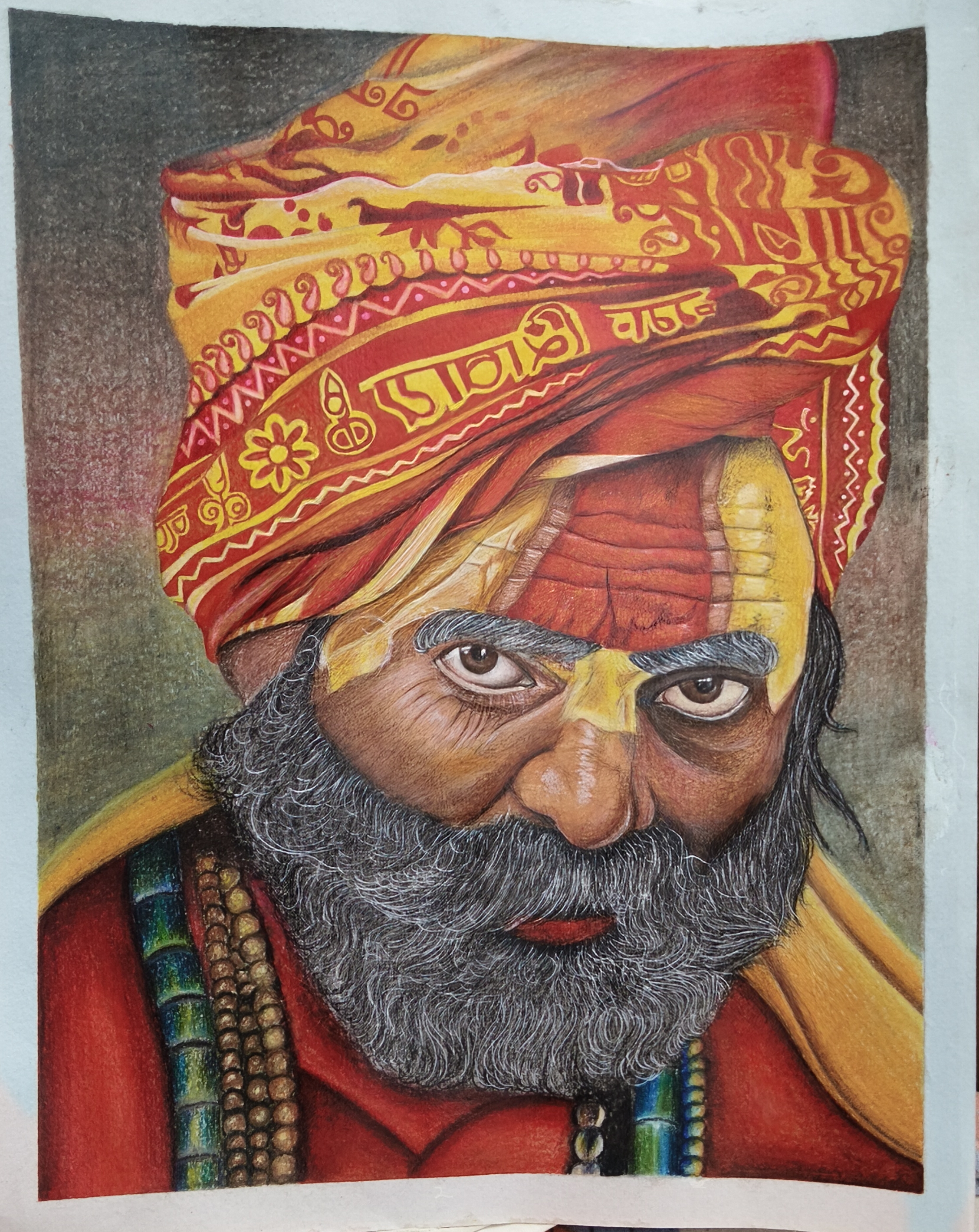 The Indian Sadhu in Turban by Ananya Dey, hyper-realistic portrait of an elderly Sadhu with expressive eyes