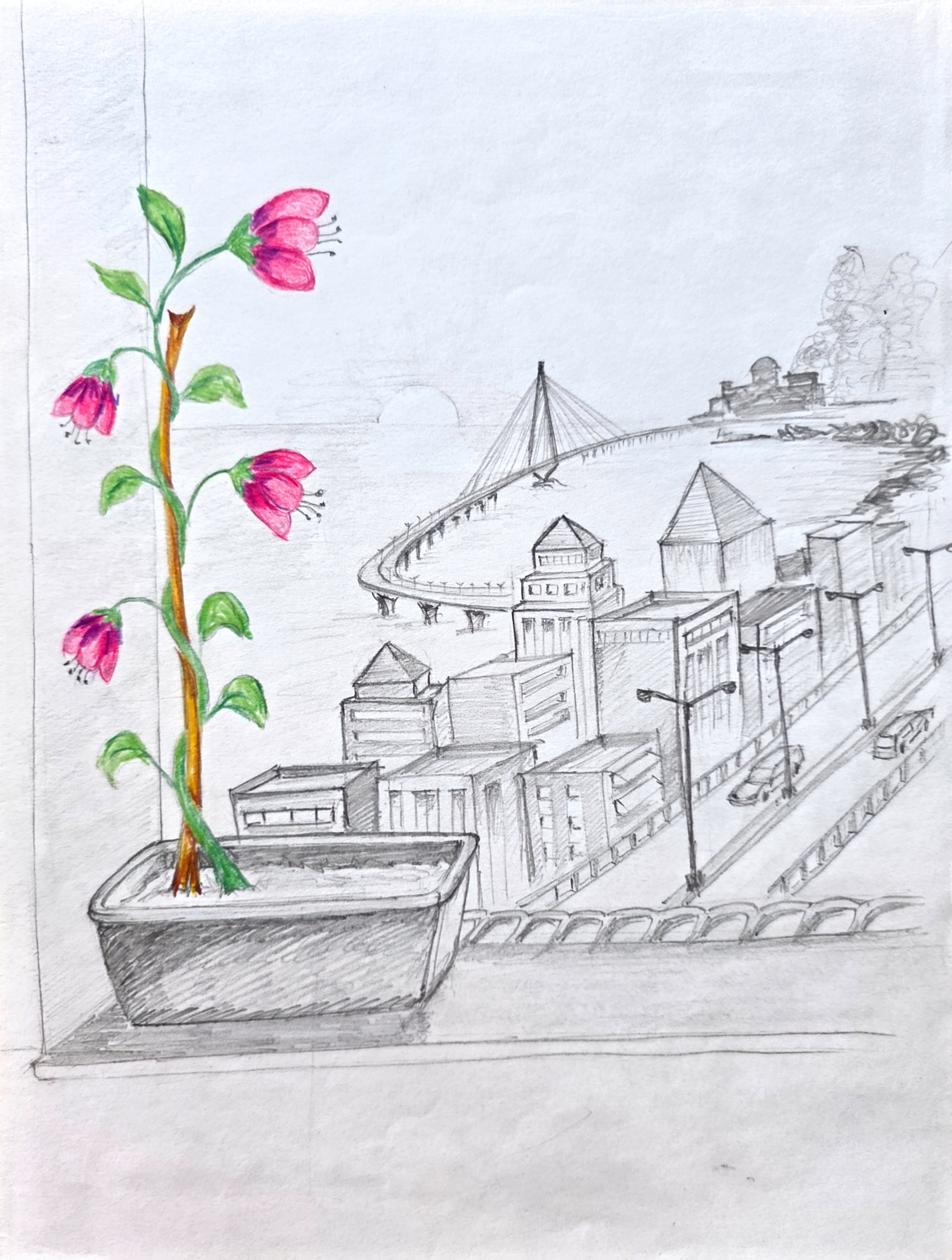 Bloom Above the City by Bhavin Vanarasi - vibrant potted plant with pink blossoms against city backdrop