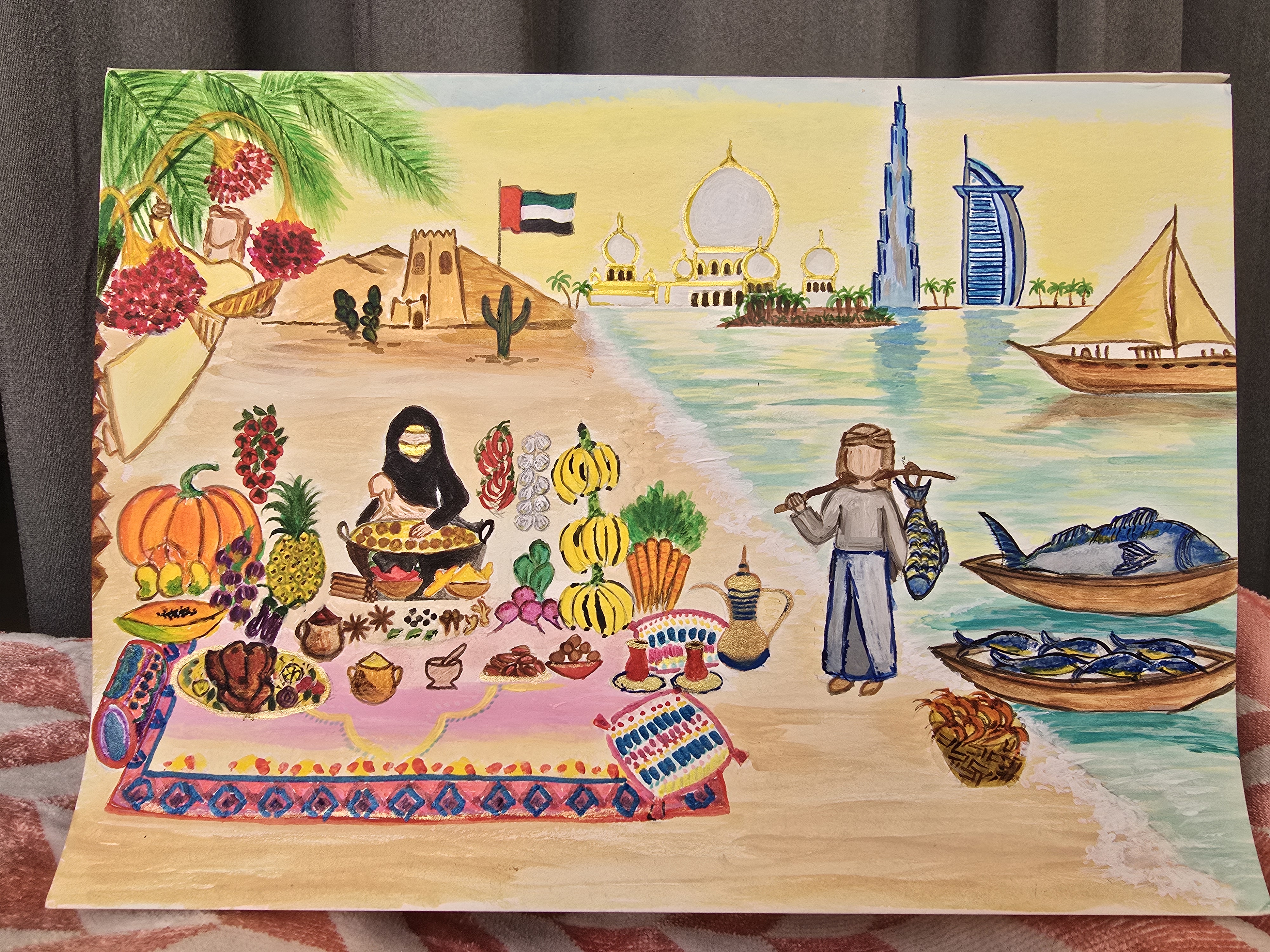 The Rich Heritage and Culture of UAE by Zeeka Khan, vibrant UAE market scene with landmarks