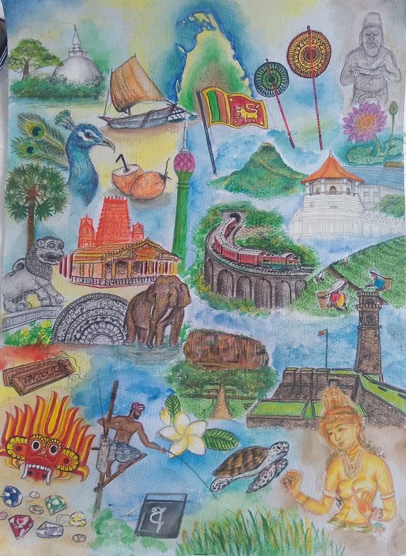 watercolor painting by I.D.S.N.Ranasinghe featuring Sri Lankan landmarks