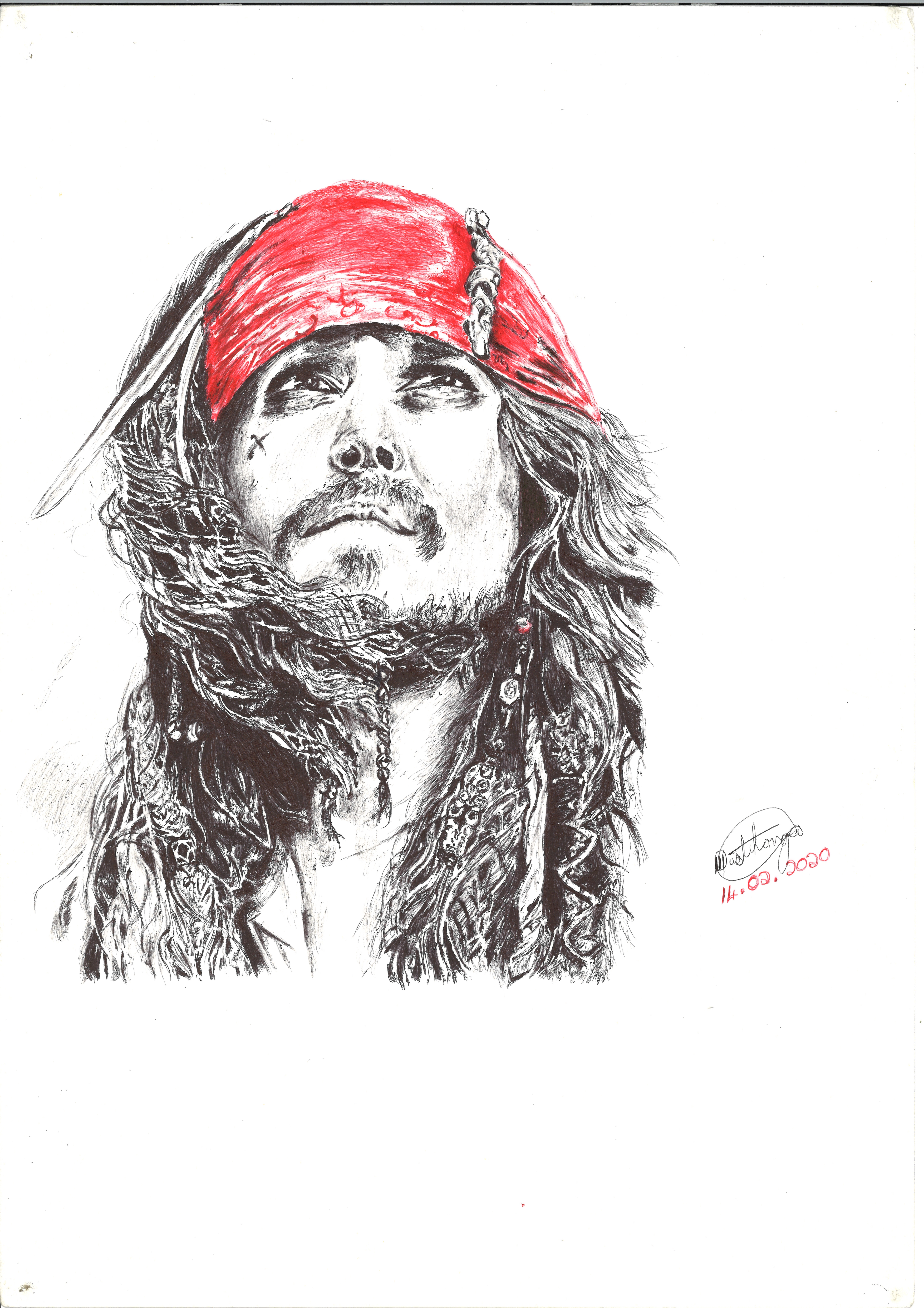 Captain Jack Sparrow by Risto Nashihanga, a striking portrait with a red bandana