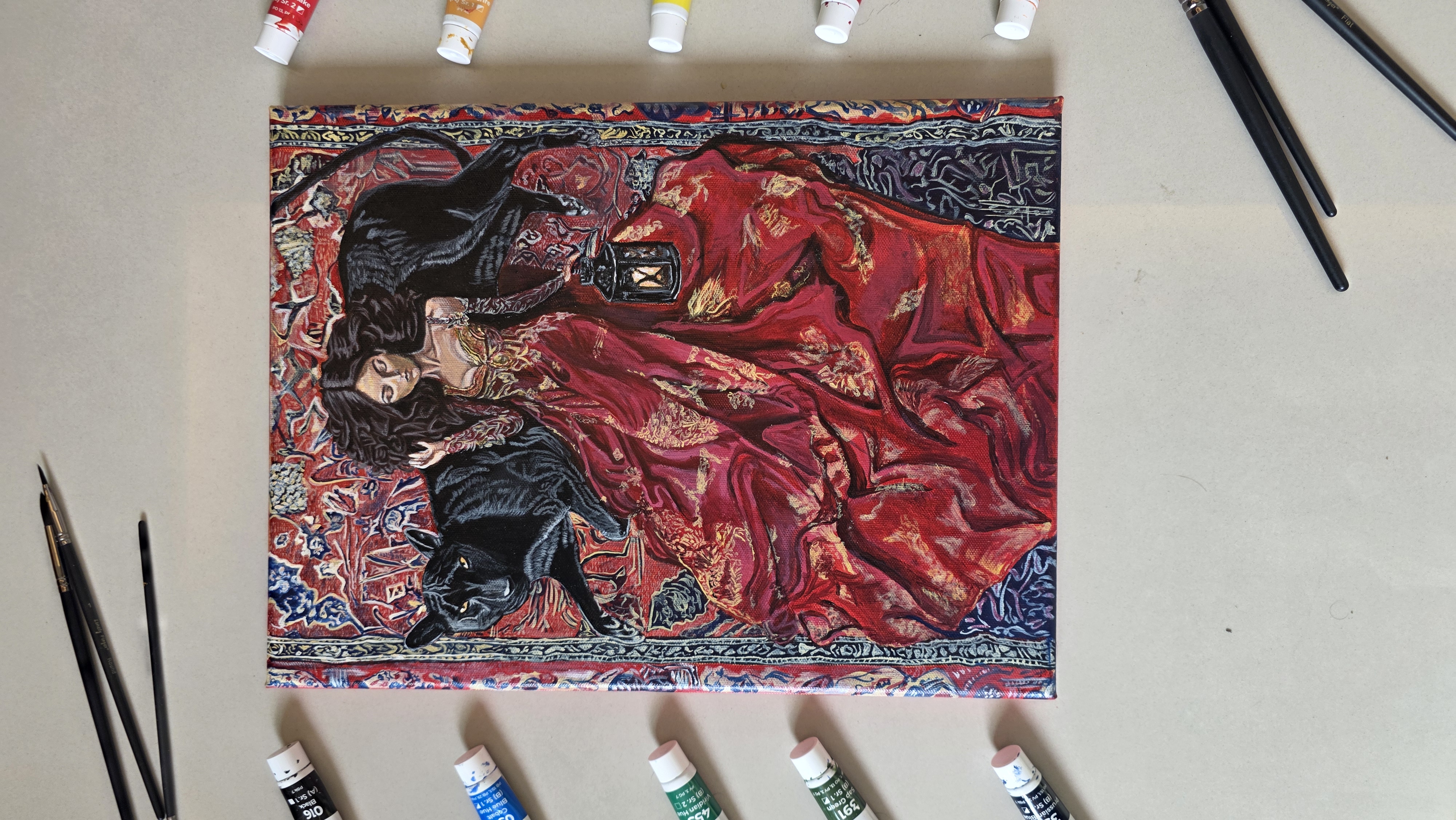 She who fears Nothing by Priyanka Lachhiramka, female figure in a vibrant red gown with golden patterns