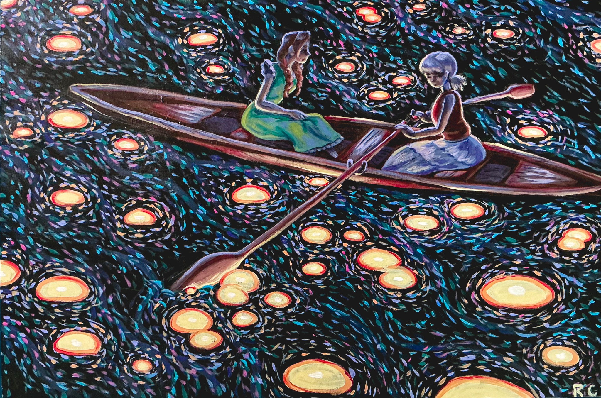 River Glow by Remy Cantrelle - figures in a boat on glowing river