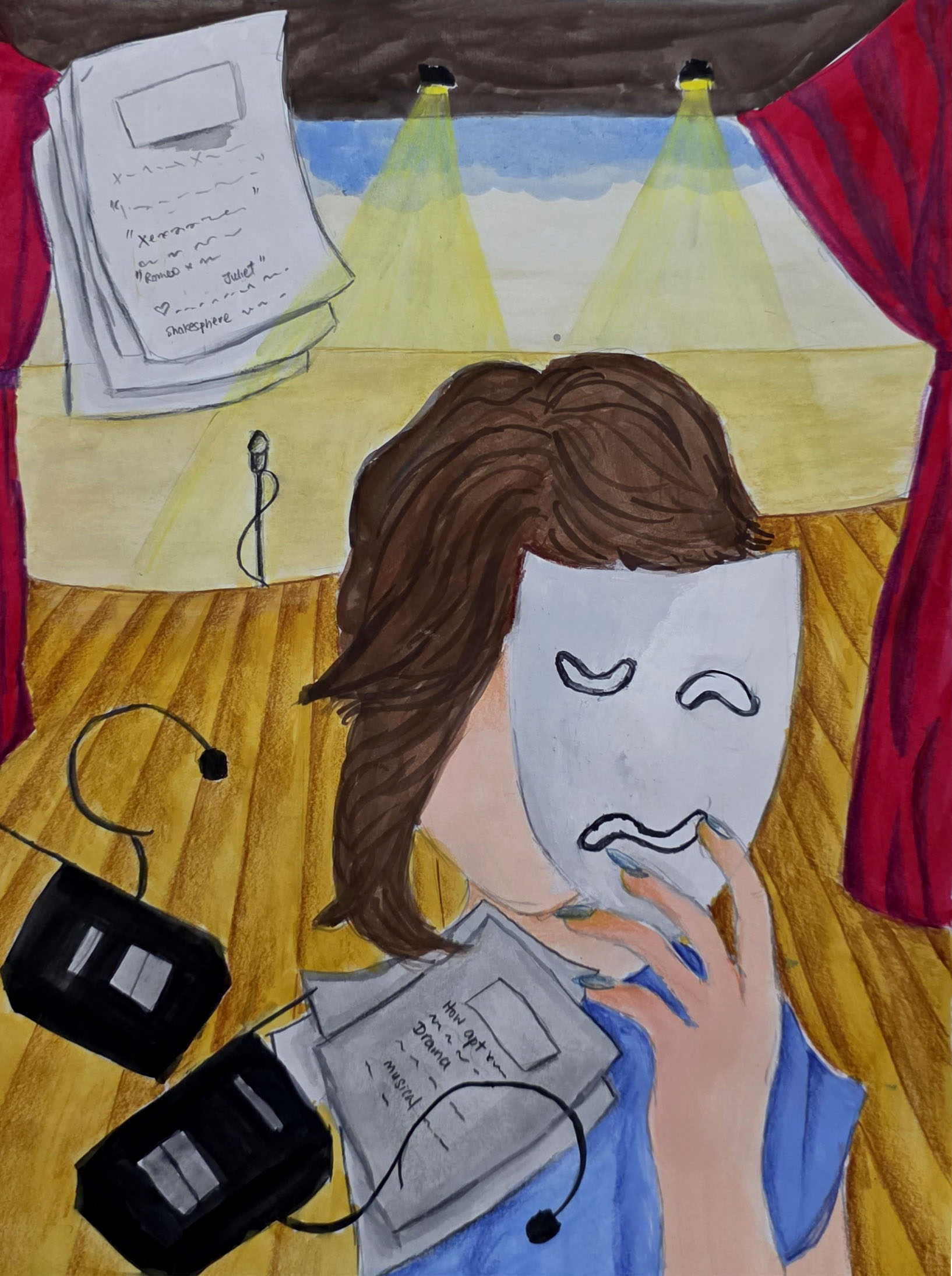 My Future dream by Ashley Ee Xuan Yi illustrating a backstage scene with a figure holding a mask