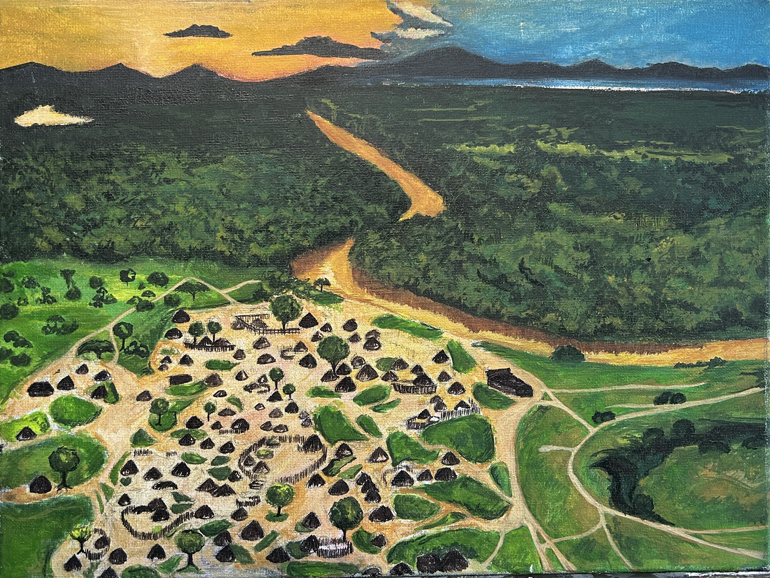 Village by the river by Oba Ogundele, aerial view of village with river