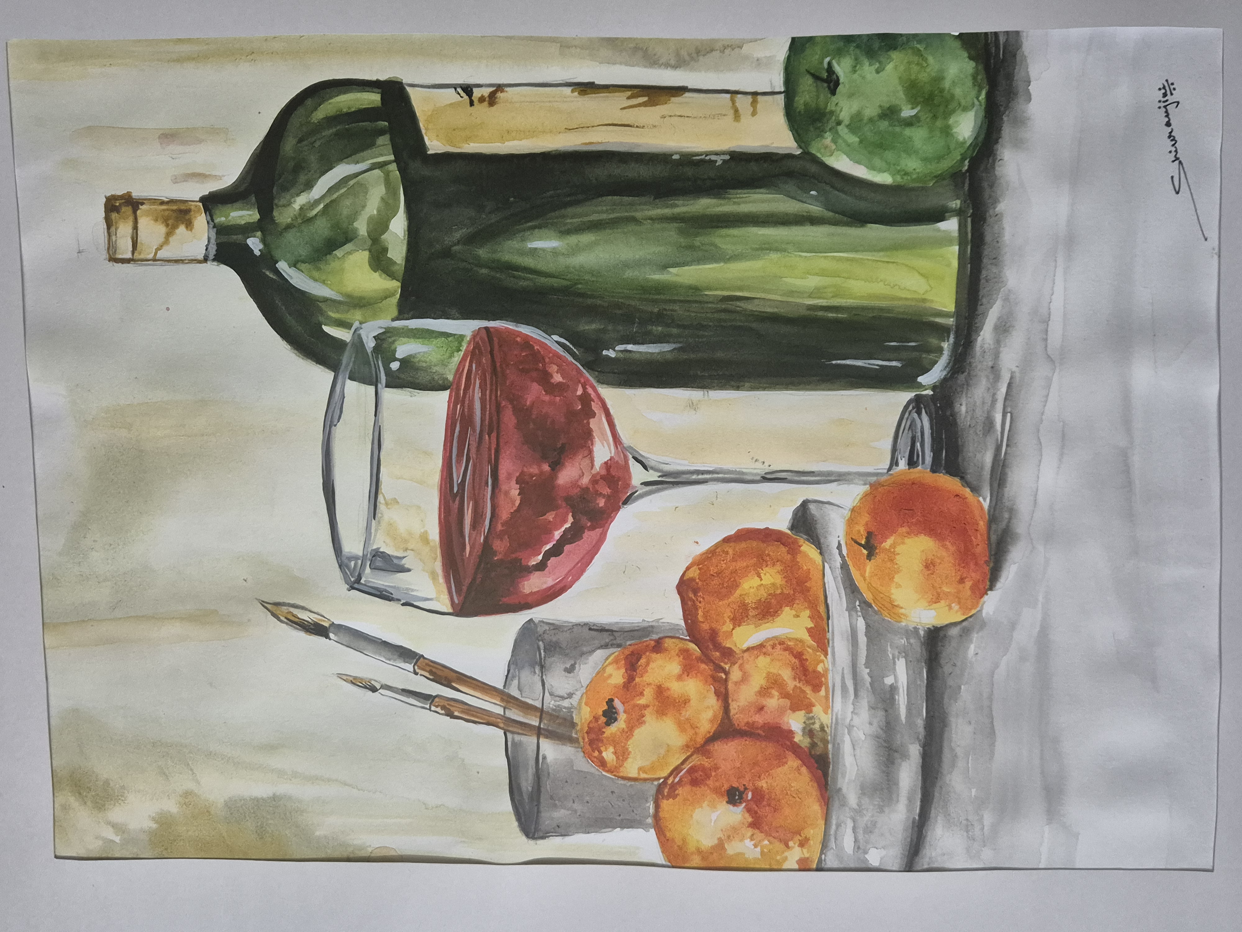 Still life by Shivranjini kumari - large bottle, glass with red liquid, bowl of oranges
