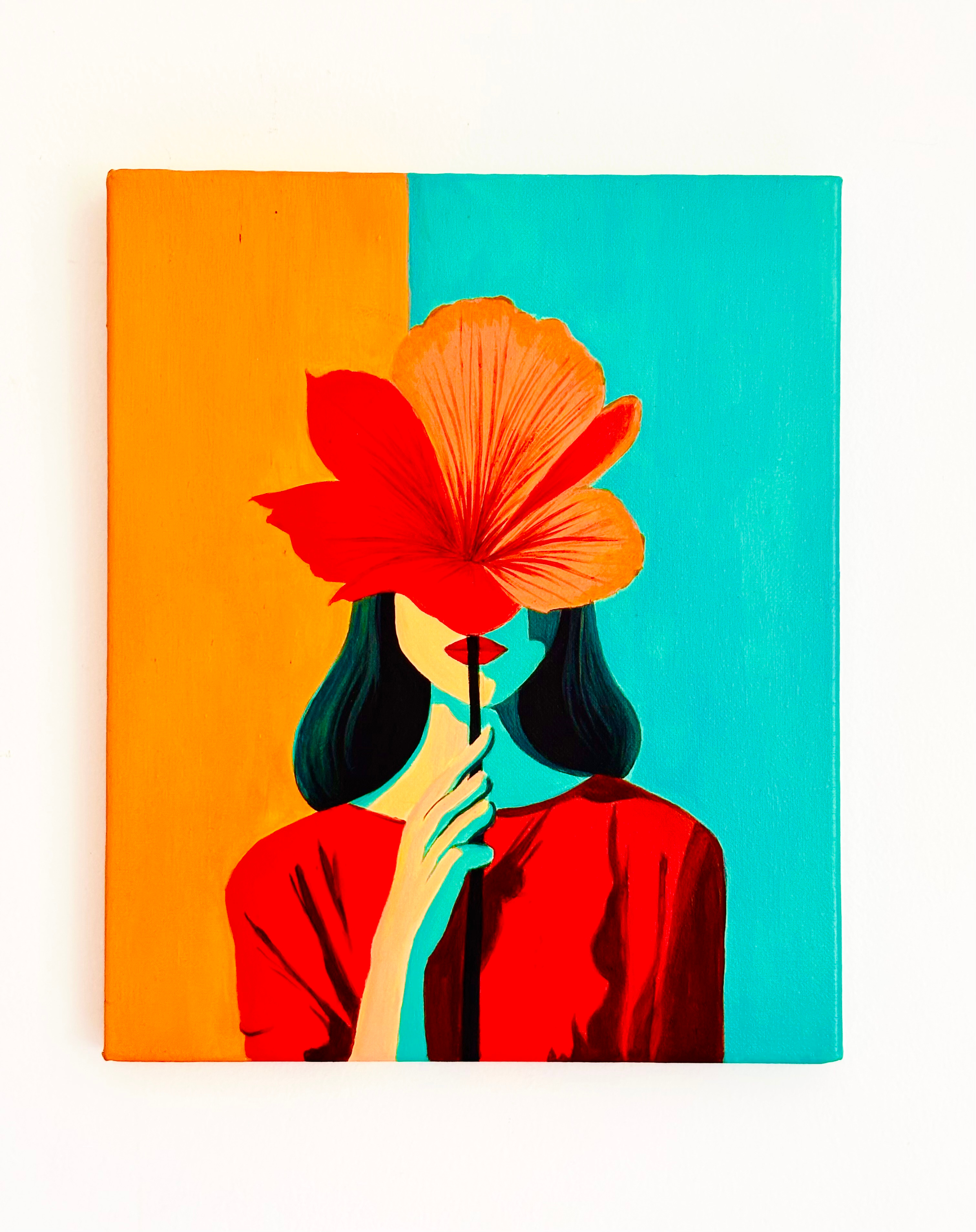 Behind the Bloom by Achini Dakshila Abeysinghe, featuring a figure in red with floral face, orange and teal background