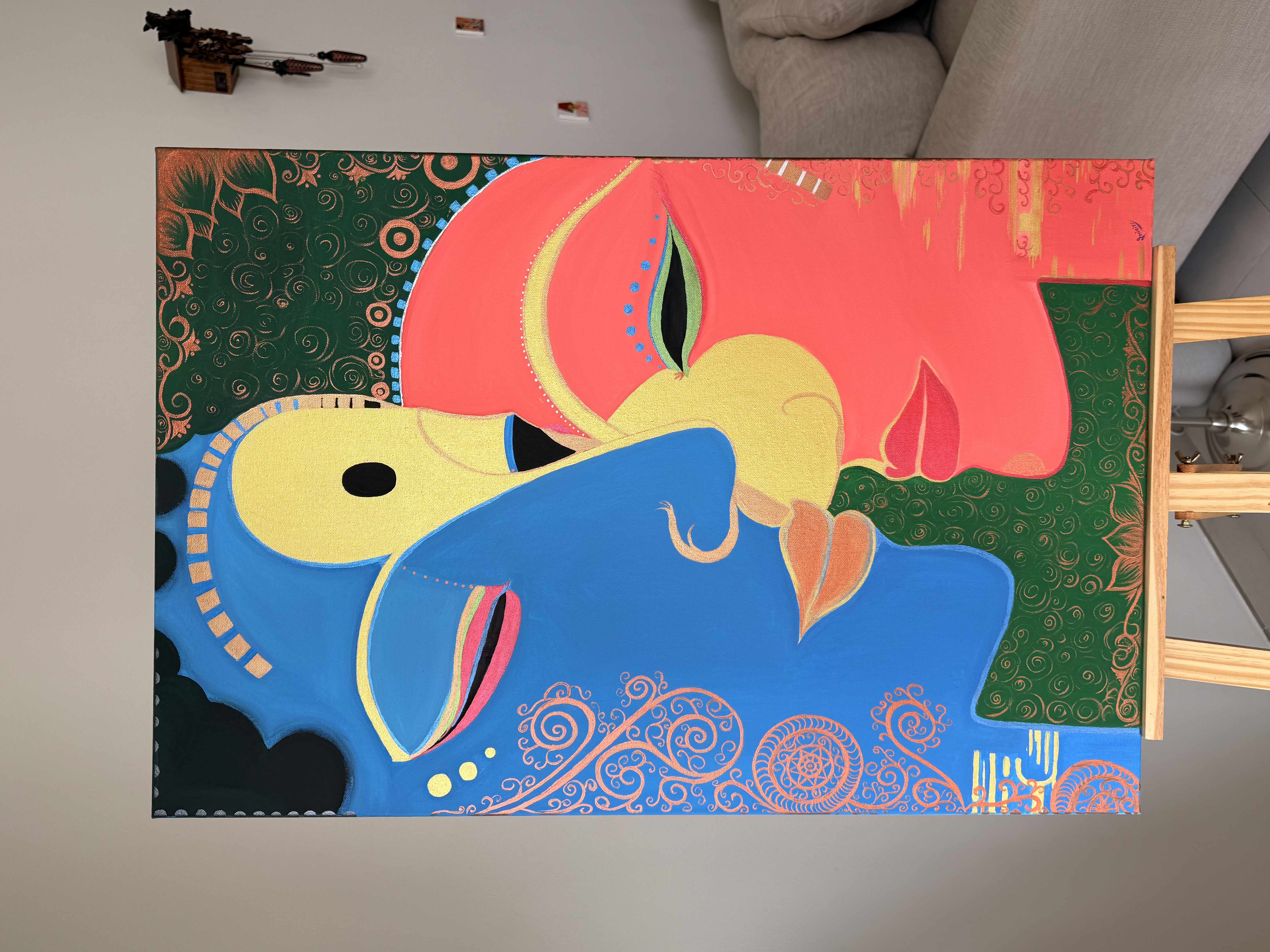 Metallic art by Smiriti singh, two stylized human profiles facing each other with swirling patterns