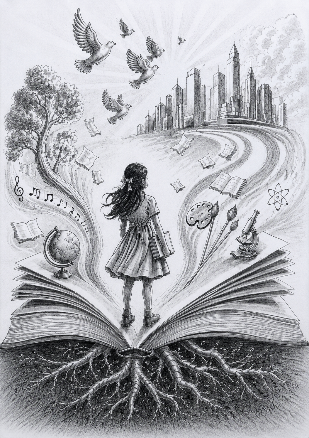 Where Tomorrow Begins by Kanchana Sankar, a young girl on an open book with symbols of growth and creativity