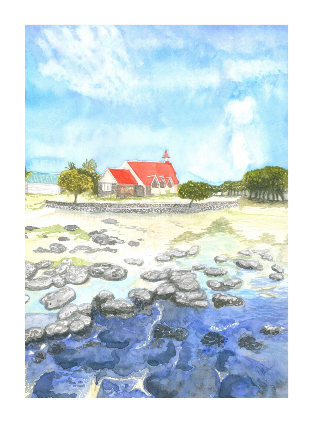 Legliz Cap Malheureux by Ajna Ram, scene with red-roofed church and greenery