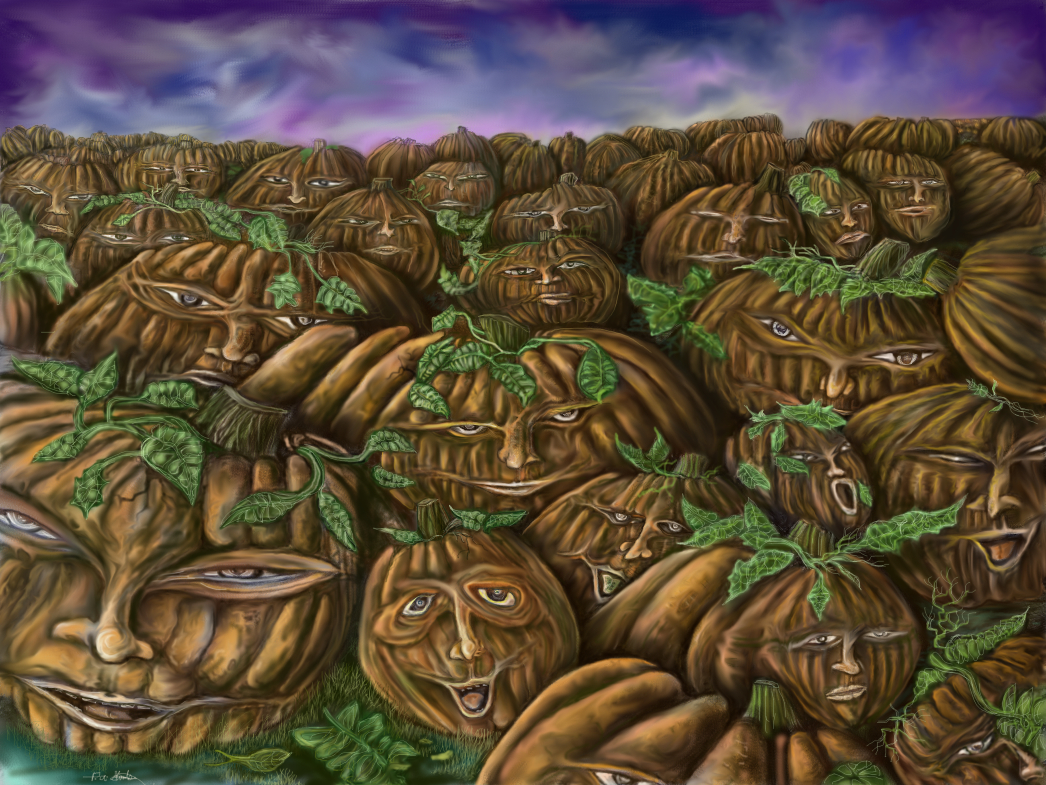 surreal pumpkins by paul shields, depicting pumpkins with human-like expressions against a dramatic sky