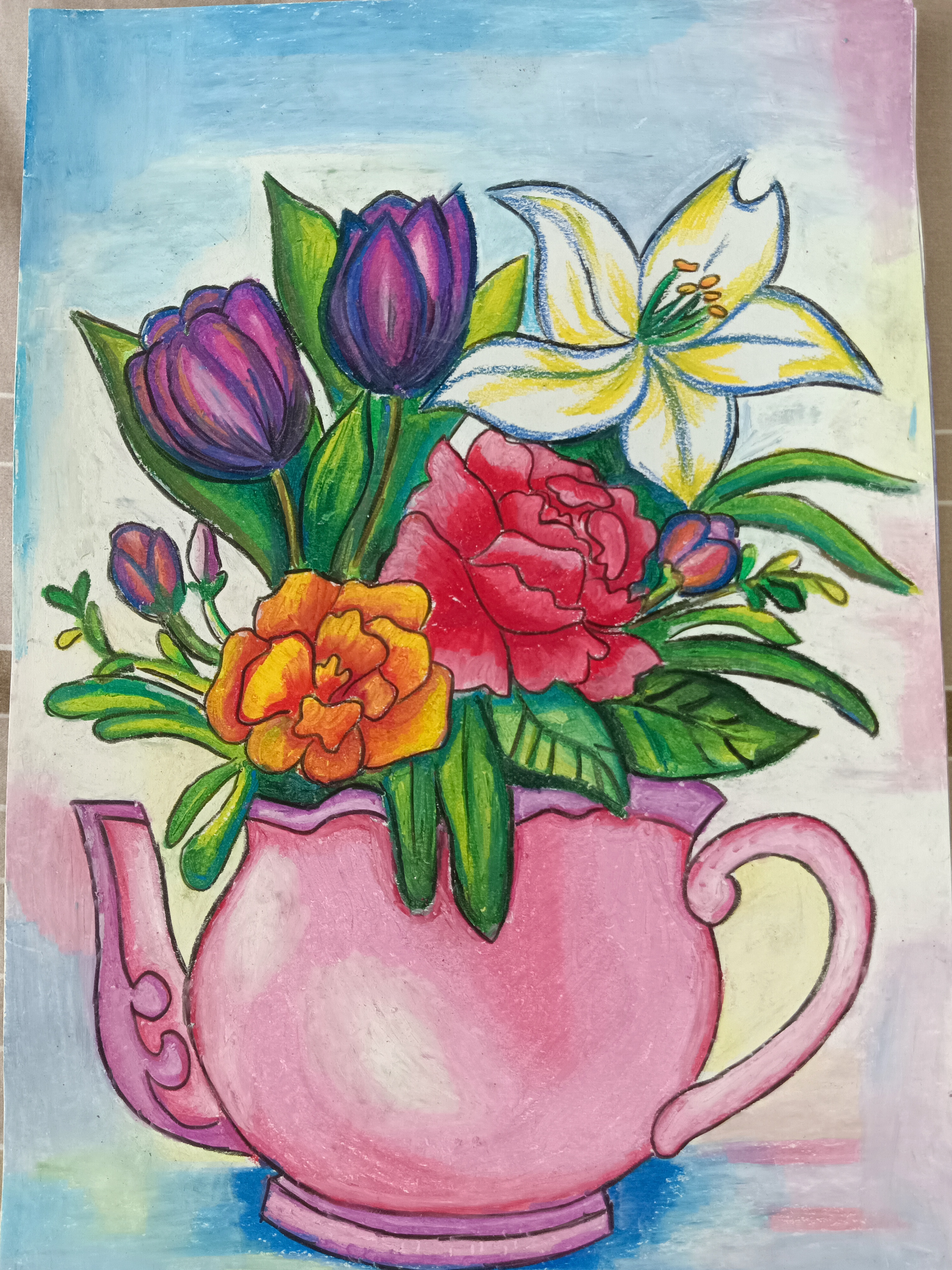 Spring Flower by Vanessa Yeoh featuring a bouquet in a pink teapot