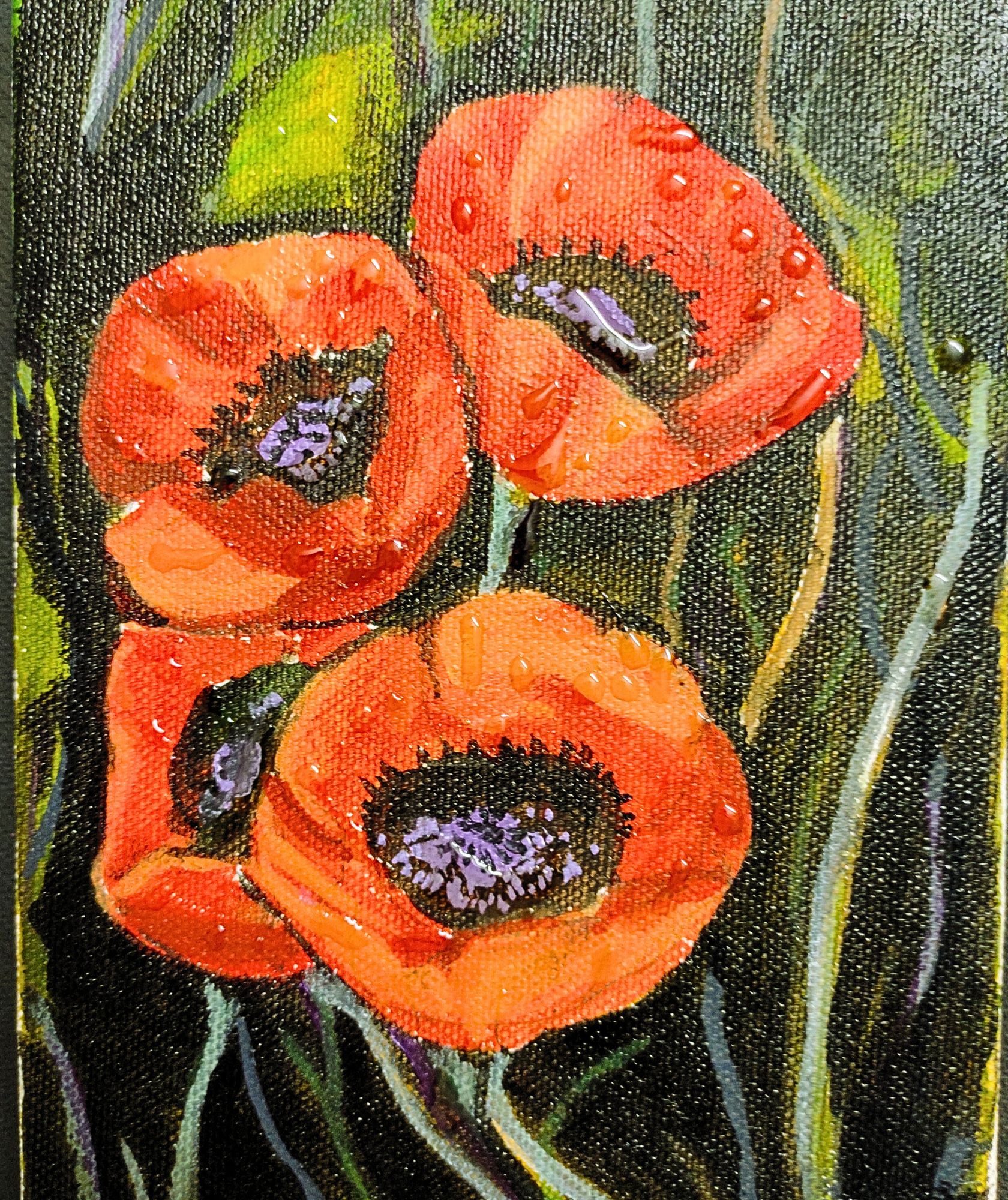 After the Rain, Poppies by MUKTA CHOWDHURY NANDI - vibrant red poppies with raindrops on dark background