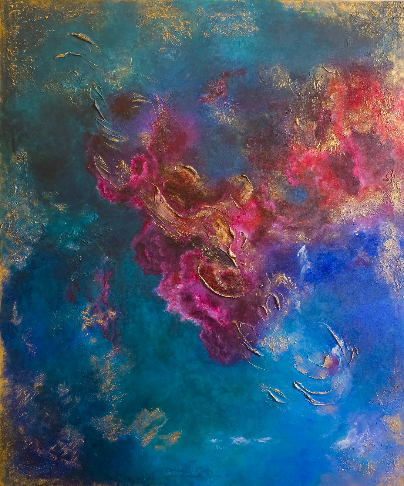 Astral Whispers by Nadine Moadad featuring swirling vibrant colors and serene blues