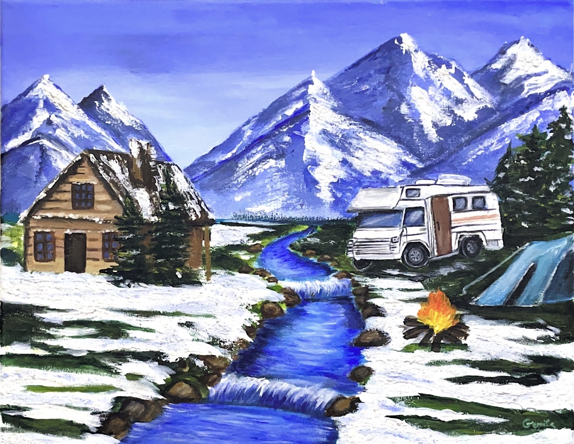 The River Between Us by Jamela Ali Mohammed Lasharpoor, serene winter landscape with a river and cabin