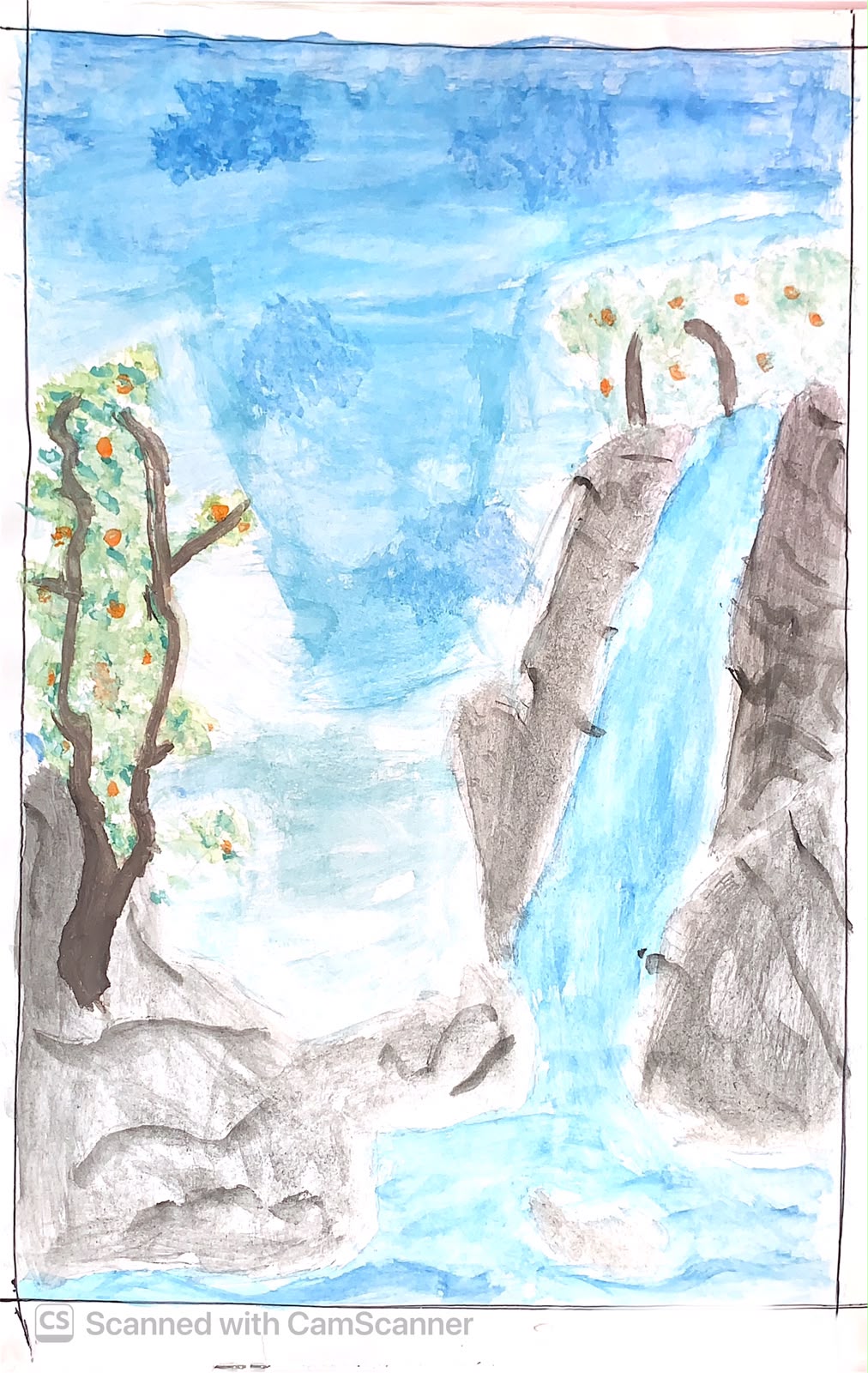 waterfall by Shravya Vinayak Kolindrekar - serene landscape with a central waterfall