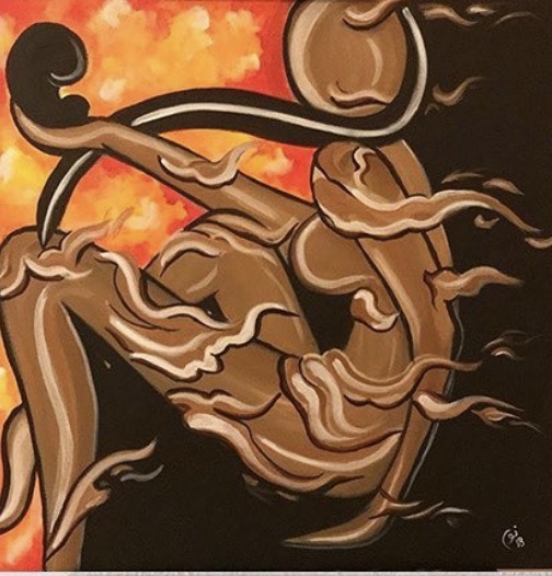 Miscarriage by Noor AlShamaileh, abstract figures intertwined in shades of brown and beige