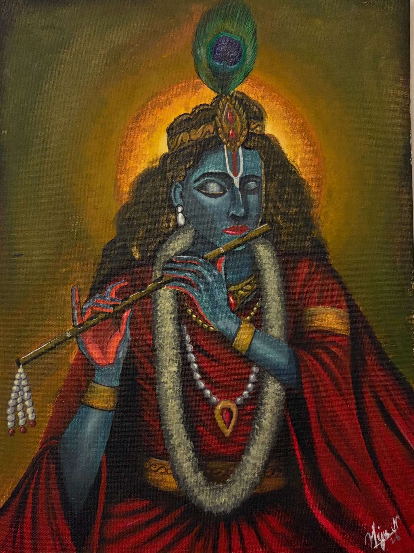 Krishna by Teju N, serene depiction with blue complexion and flute