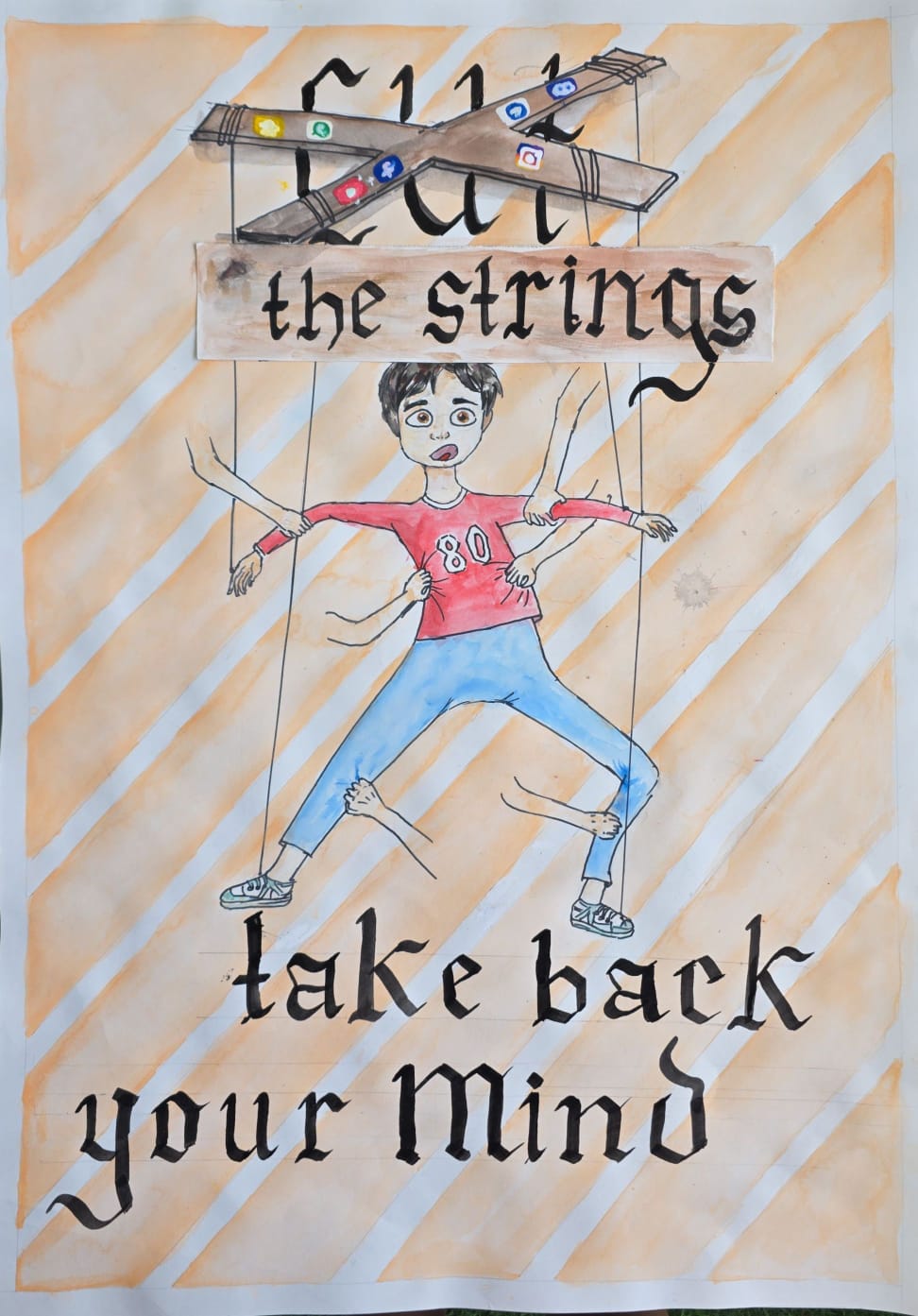 Who’s Pulling? by Gopika Maya Nair, vibrant marionette with social media symbols