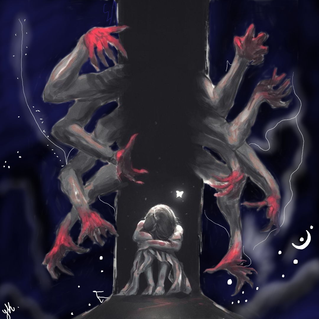 What waits in the dark by Yoshita Kapoor, dark scene with central figure and reaching arms