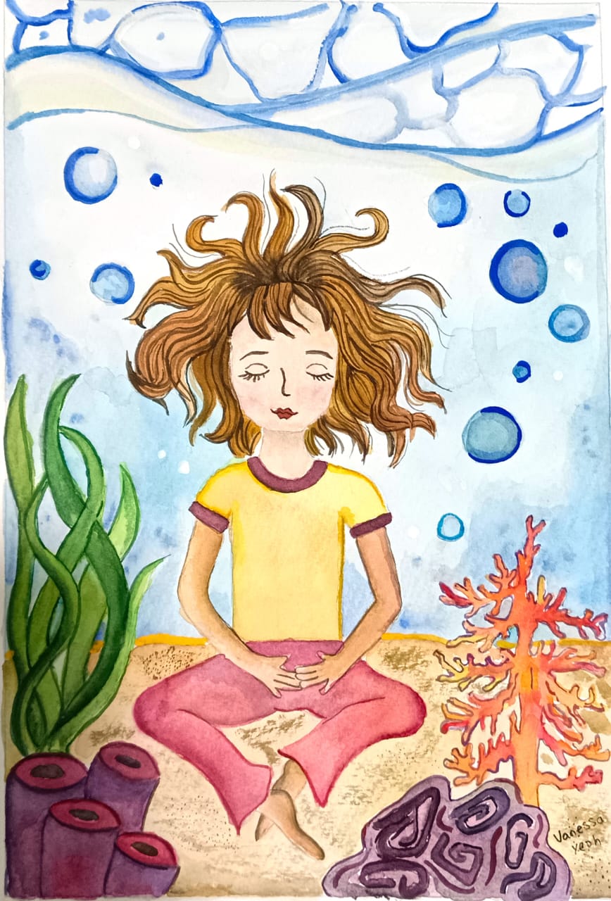 The girl meditating by Vanessa Yeoh, depicting a serene underwater meditation scene