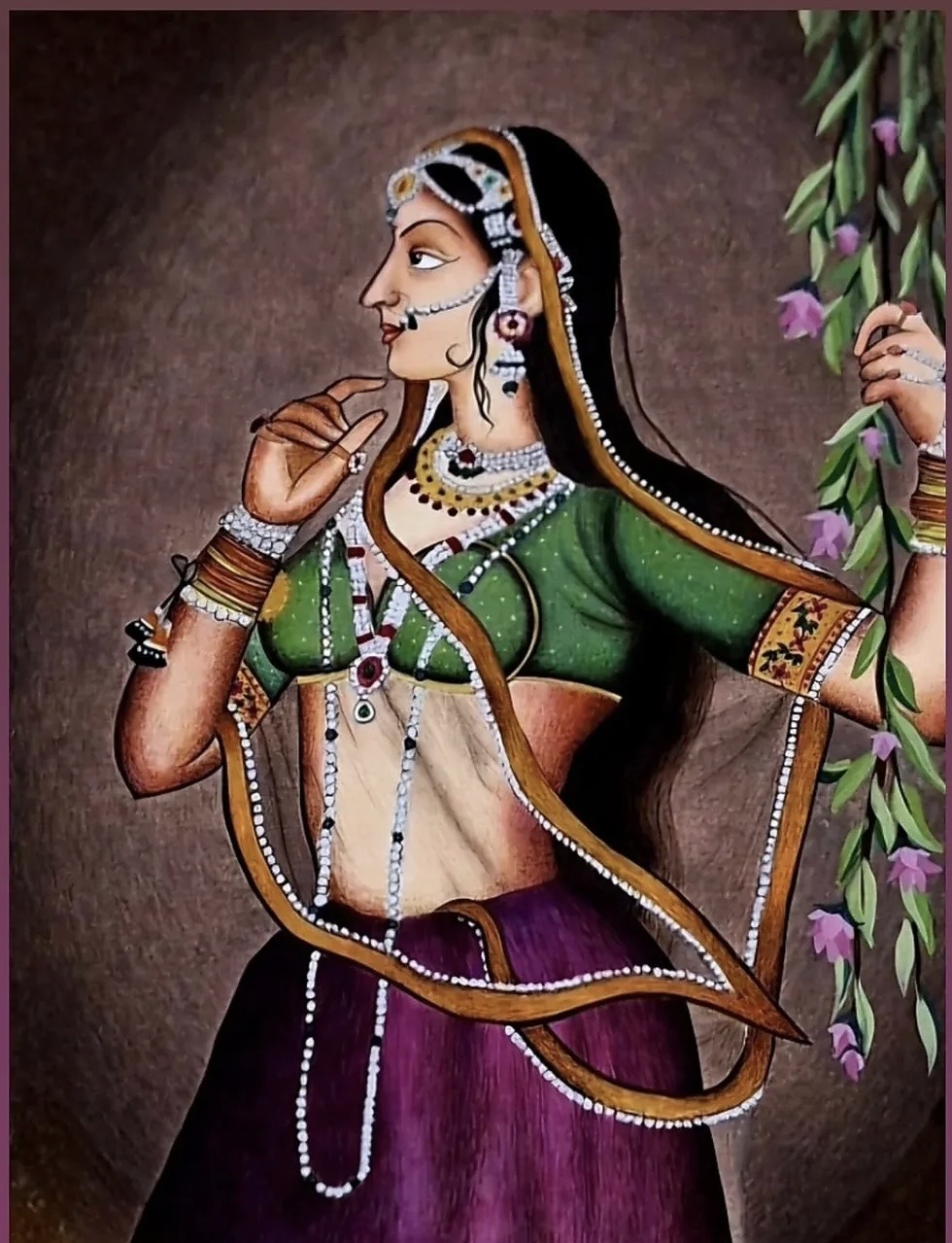 Grace In The Golden Hour by Aqsa Latif, elegantly dressed woman in Mughal style
