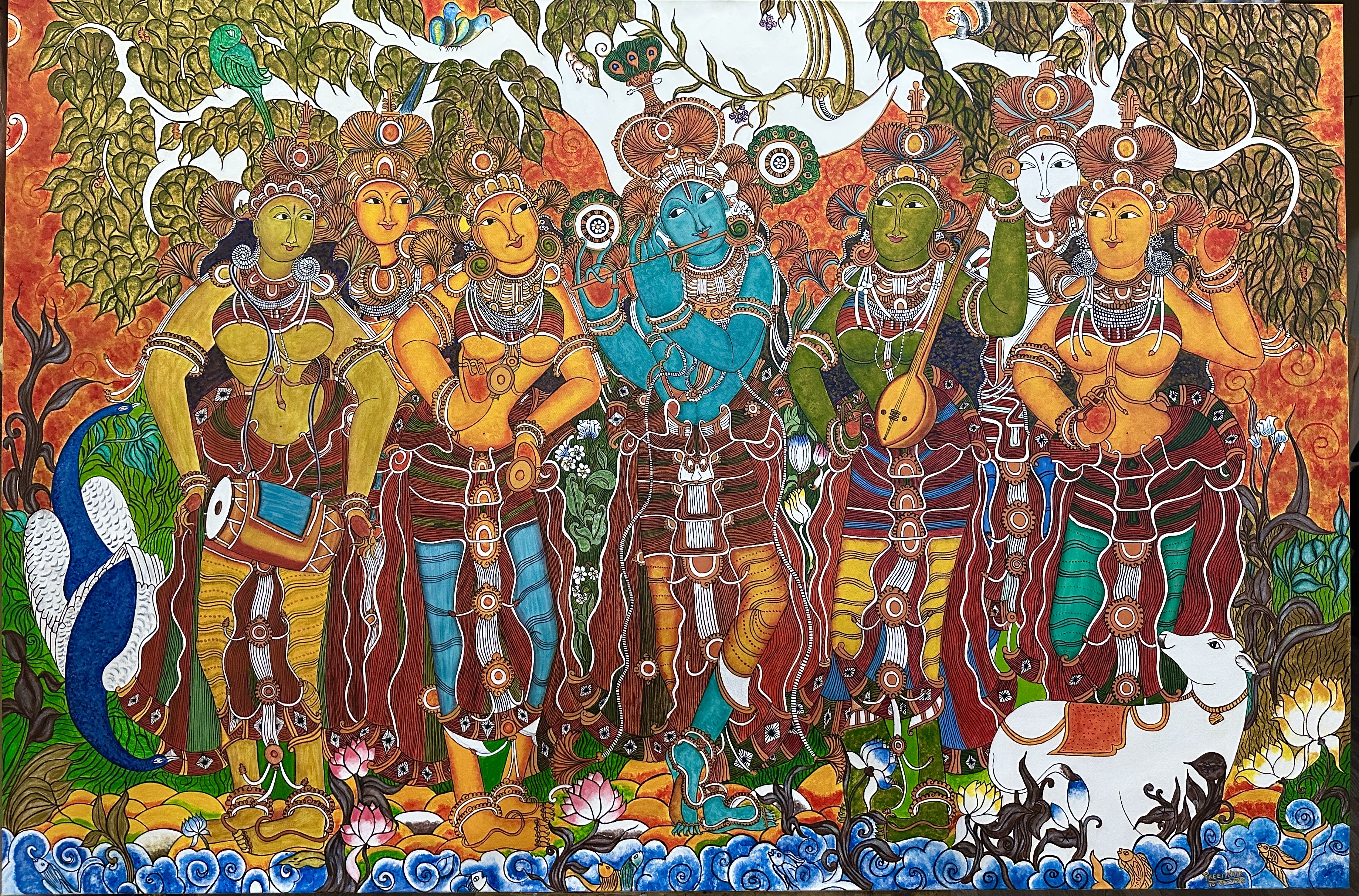 Krishna Mural Art Acrylic Painting by Preeti Rajeev Nair featuring vibrant figures and colors
