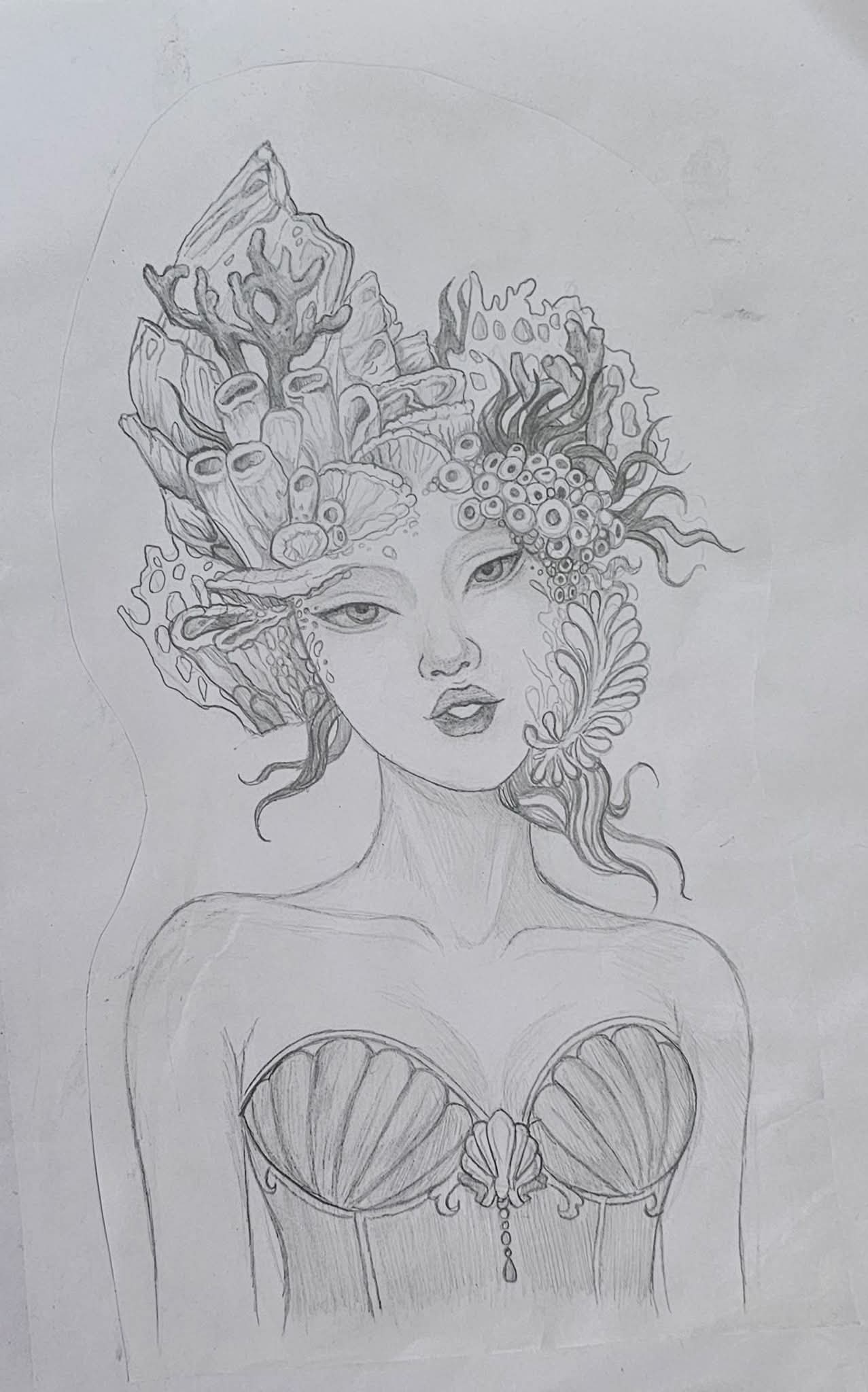 Under the Sea by Sheena Balasubramanian - pencil drawing of a woman with underwater-themed headpiece