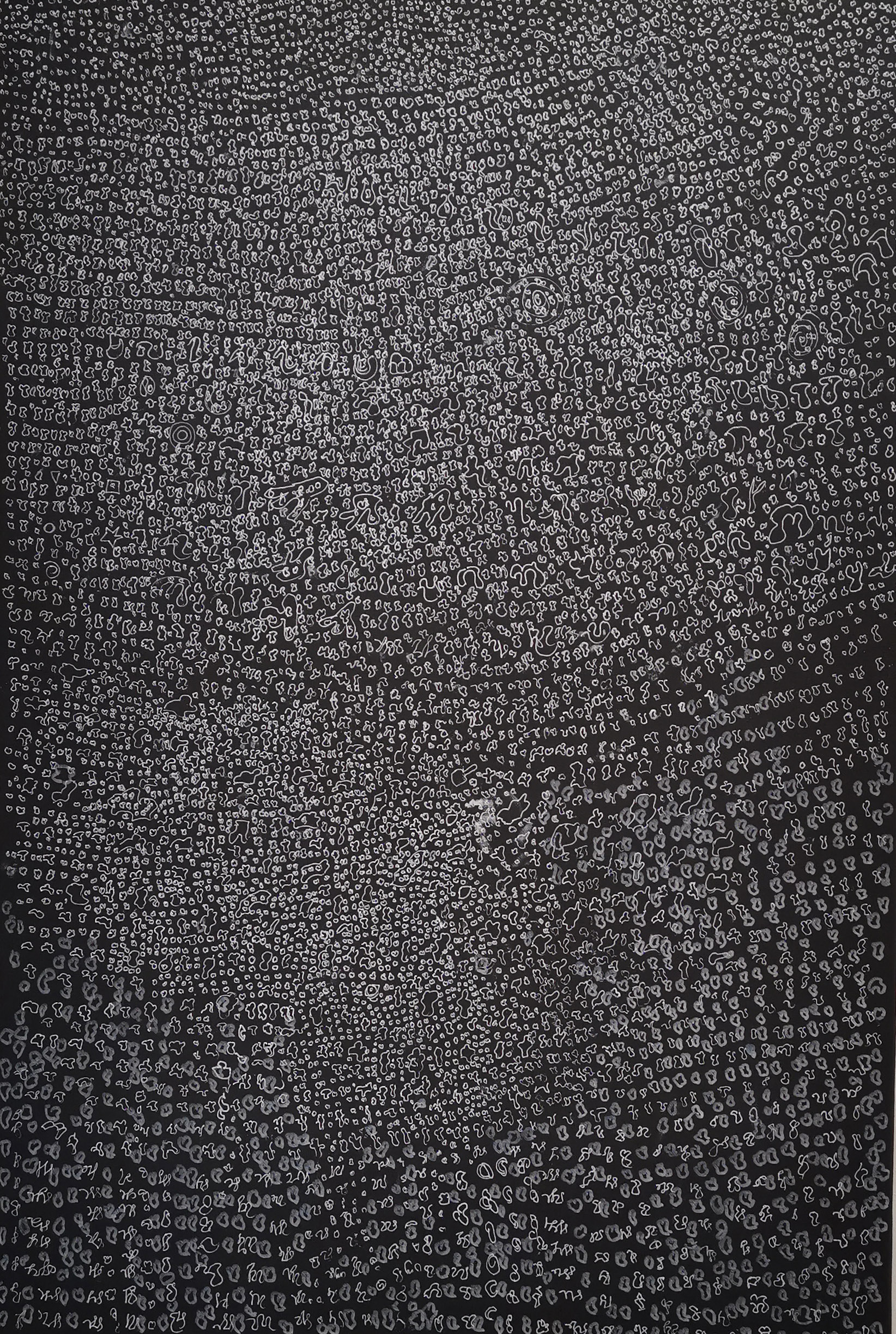 The Mystery Of Century by Shana Lim Zi Xin, intricately drawn white characters on black canvas