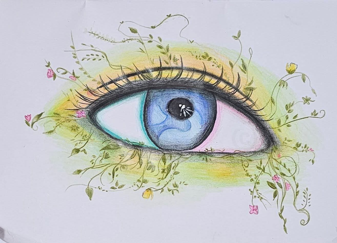The Eye of Nature by Sheena Balasubramanian, detailed human eye with nature elements