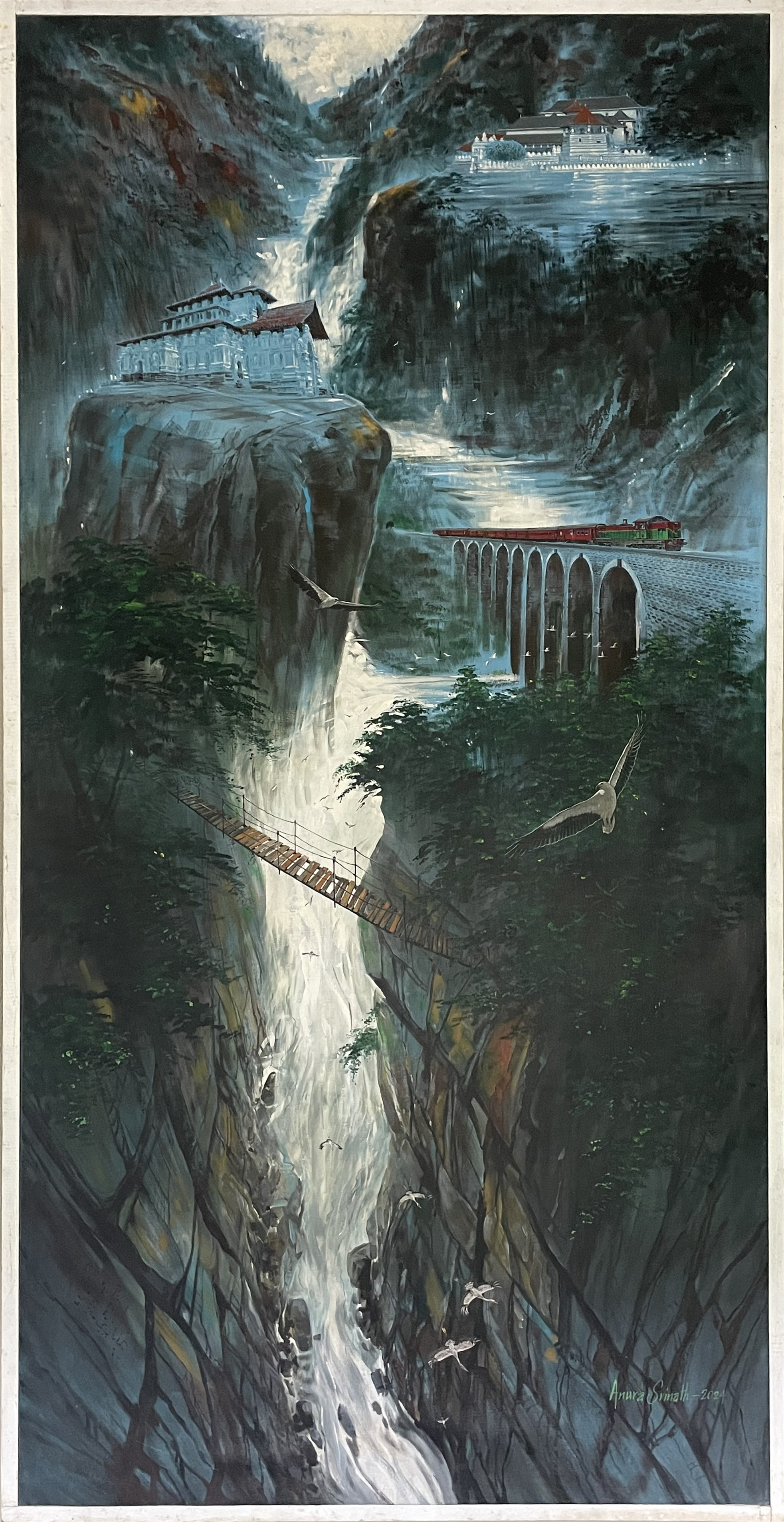Waterfall by Anura Srinath Malaviarachchi, depicting a dramatic landscape with a cascading waterfall