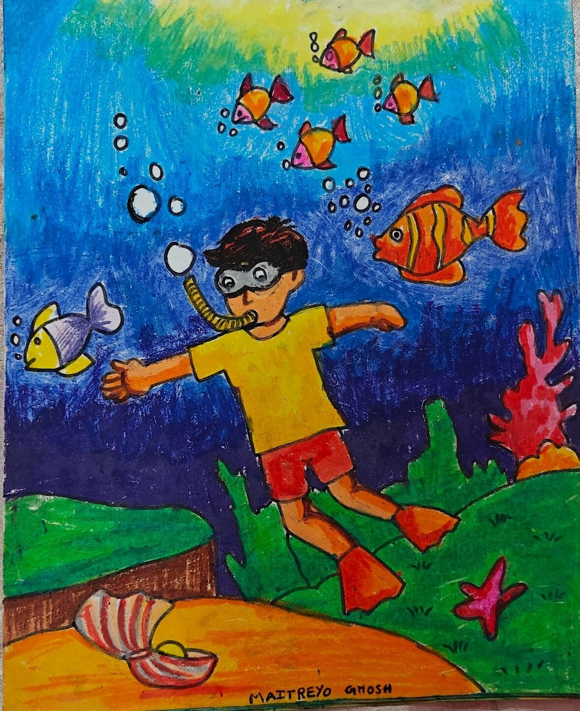 "Thrill" by Maitreyo Ghosh, vibrant underwater scene with snorkeler